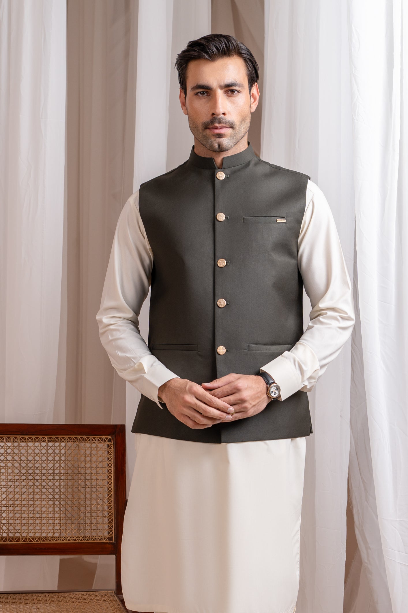 Bosky White Kurta Shalwar with Army Green Suiting Waistcoat - Straight Cut - Men