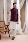 Off White Kurta Shalwar with Burgundy Suiting Waistcoat - Straight Cut - Men