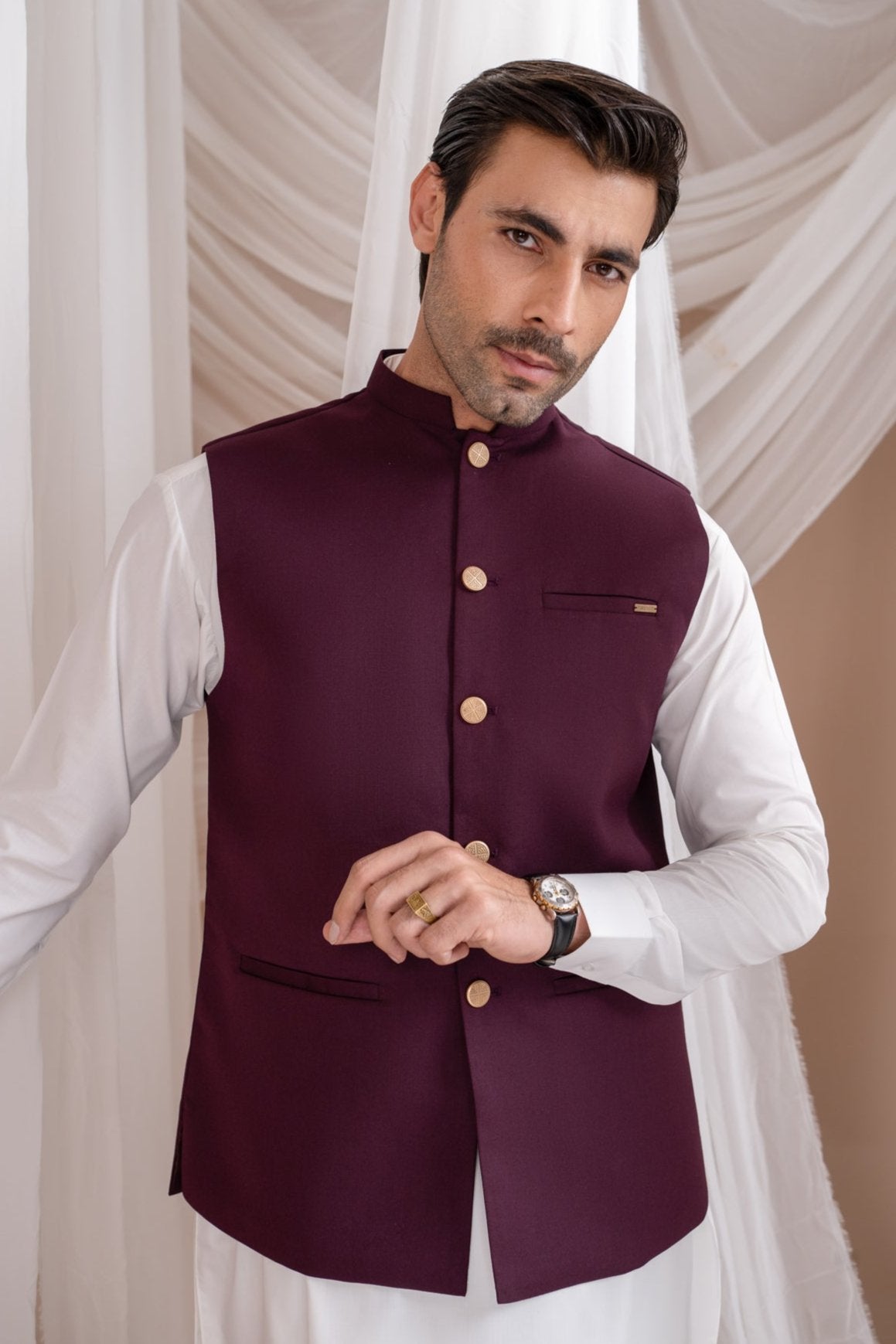 Burgundy Suiting Waistcoat - Straight Cut Buttoned - Men