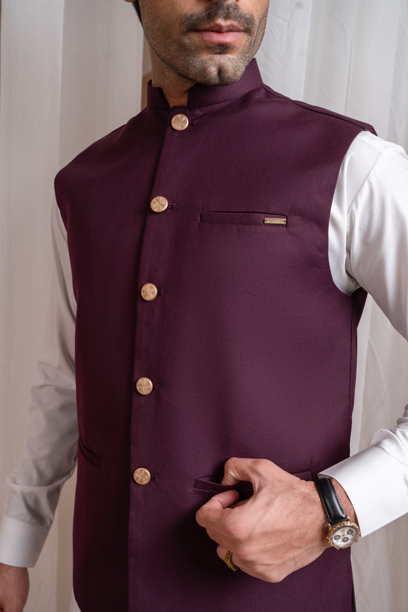 Off White Kurta Shalwar with Burgundy Suiting Waistcoat - Straight Cut - Men