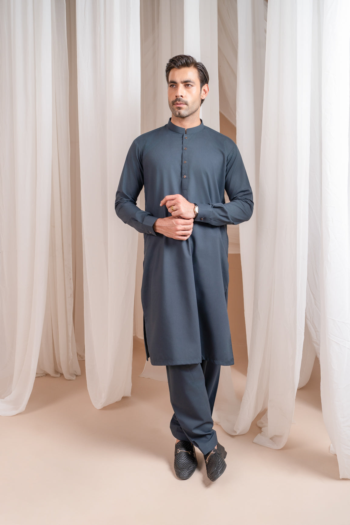 Charcoal Grey Kurta Trouser/Shalwar - Men