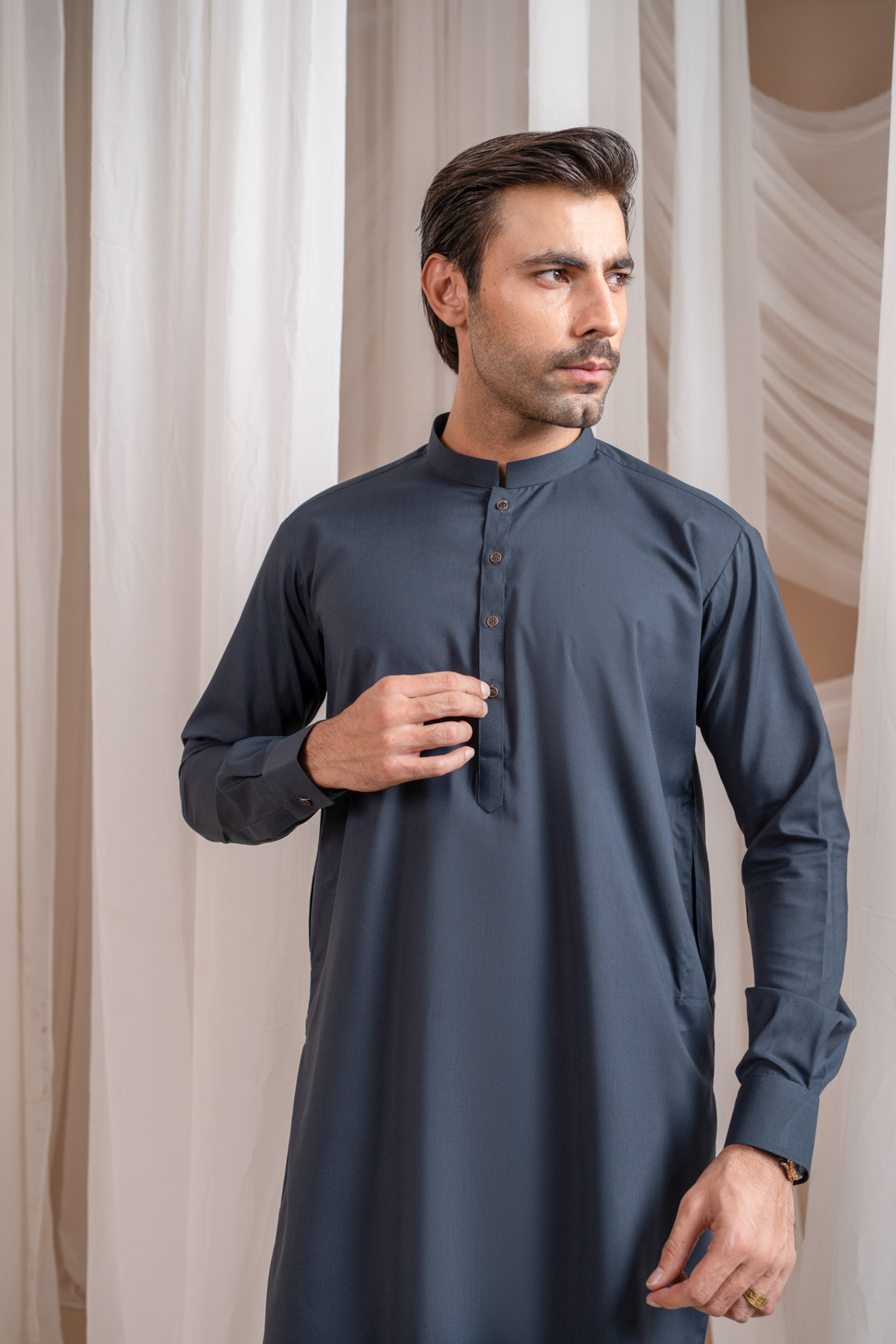 Charcoal Grey Kurta Trouser/Shalwar - Men