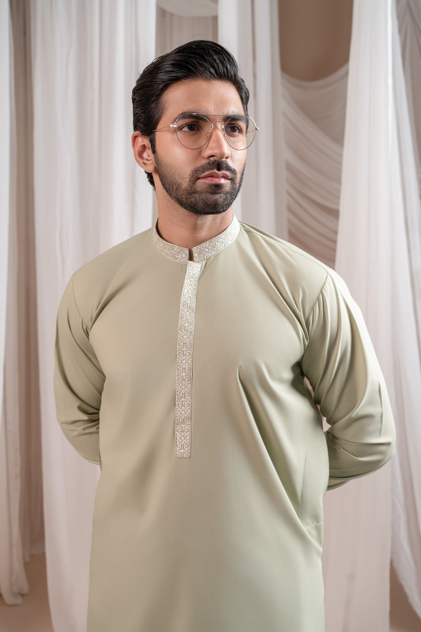 Formal Mint Green Kurta Shalwar - Collar Neck Embroidered - Men