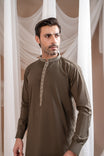 Formal Olive Green Kurta Shalwar - Collar Neck Embroidered - Men