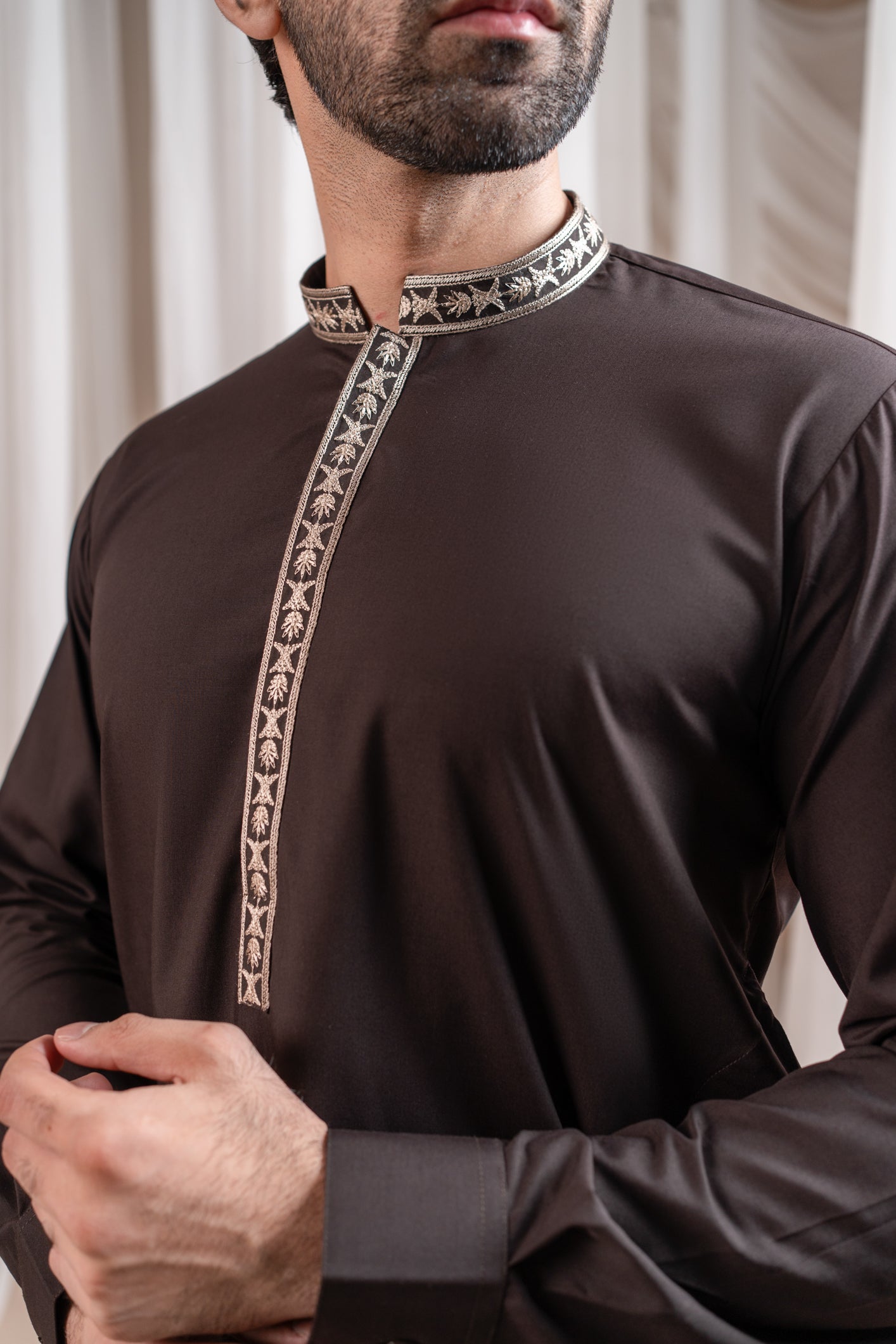 Formal Dark Brown Kurta Shalwar - Collar Neck Embroidered - Men