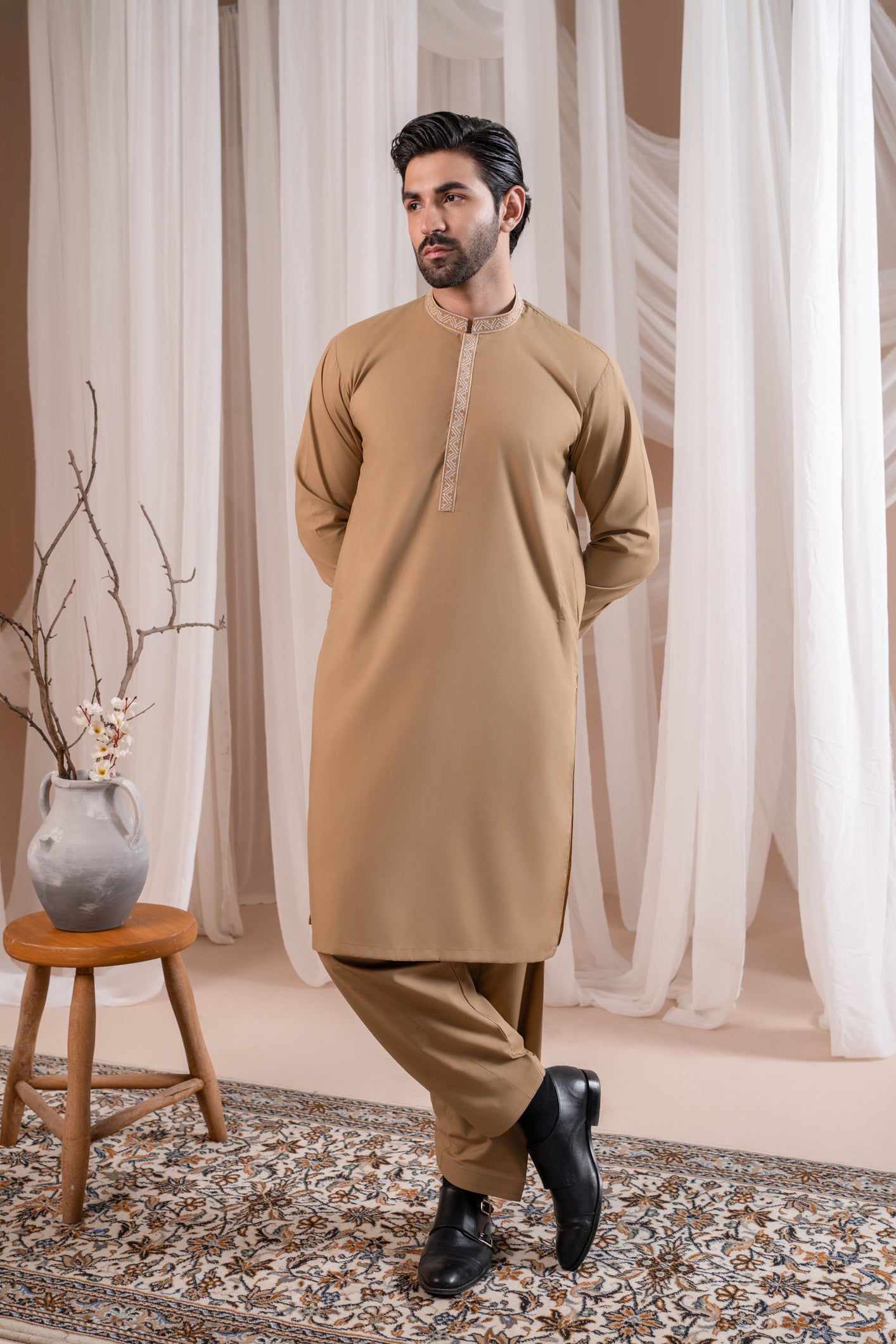 Formal Camel Kurta Shalwar - Collar Neck Embroidered - Men