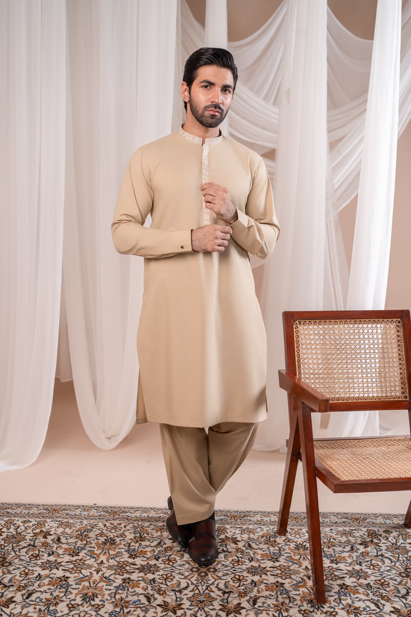 Formal Ivory Kurta Shalwar - Collar Neck Embroidered - Men