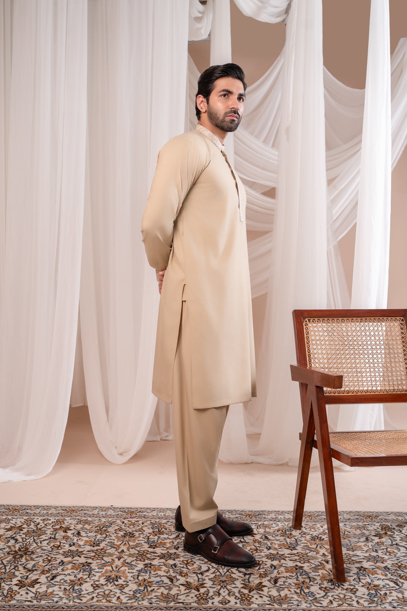 Formal Ivory Kurta Shalwar - Collar Neck Embroidered - Men