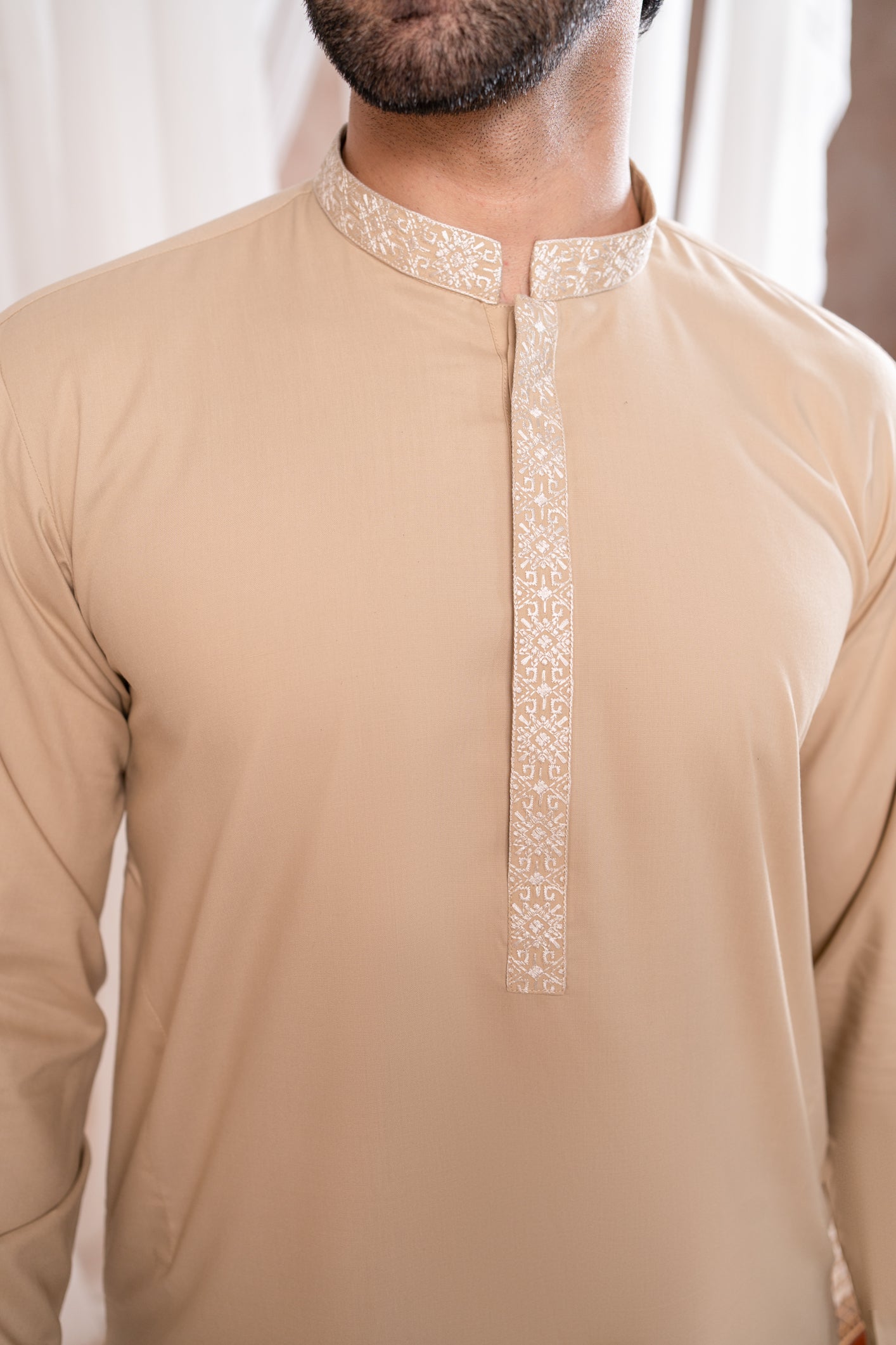 Formal Ivory Kurta Shalwar - Collar Neck Embroidered - Men