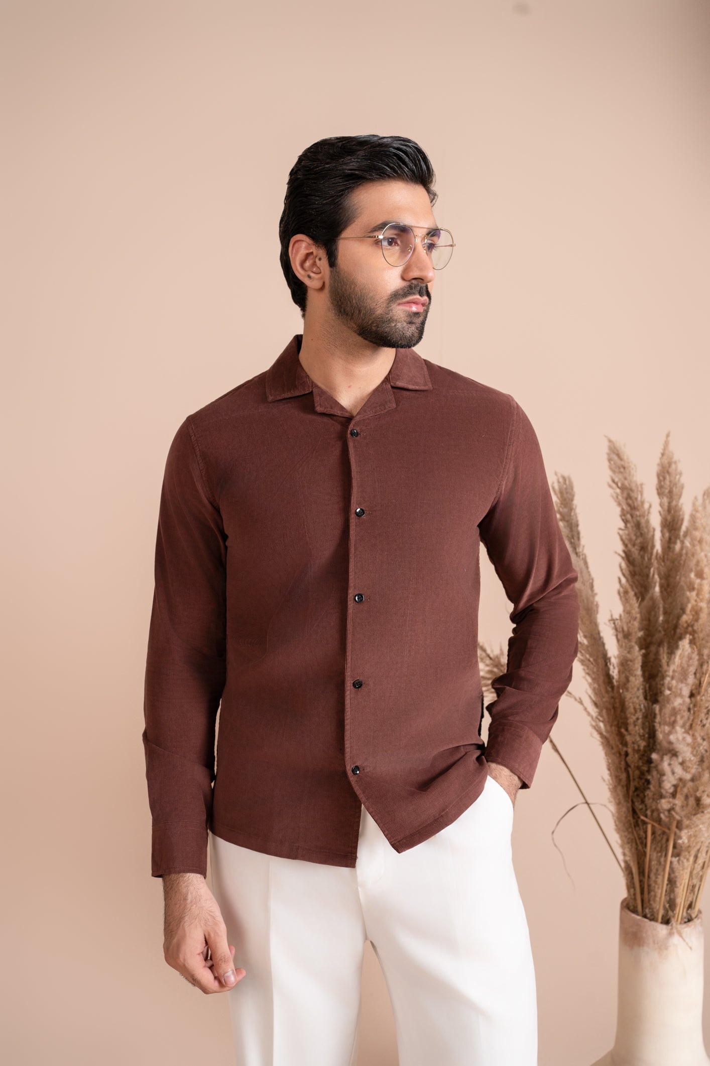 Brown Corduroy Revere Polo - Full Sleeves - Men