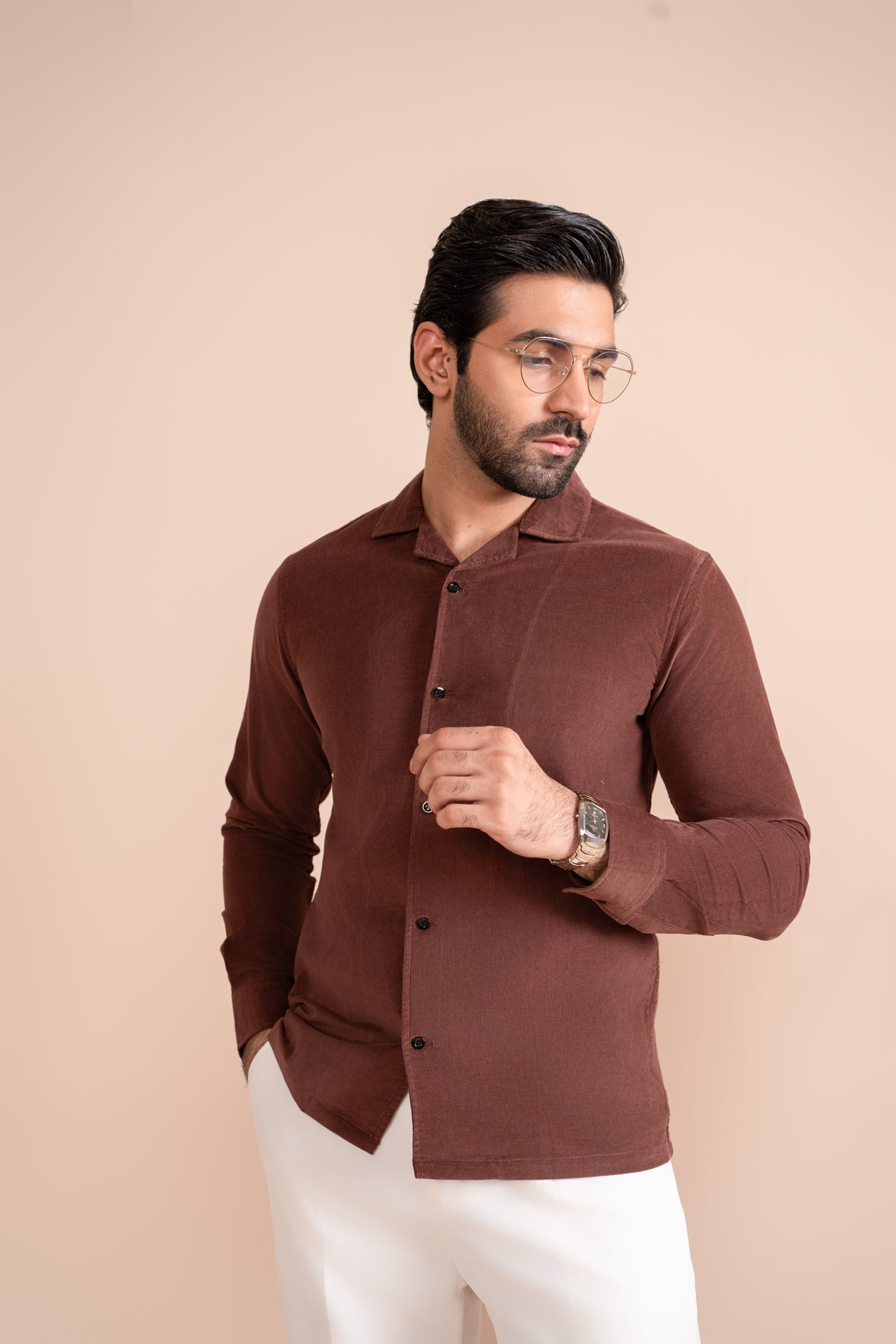 Brown Corduroy Revere Polo - Full Sleeves - Men