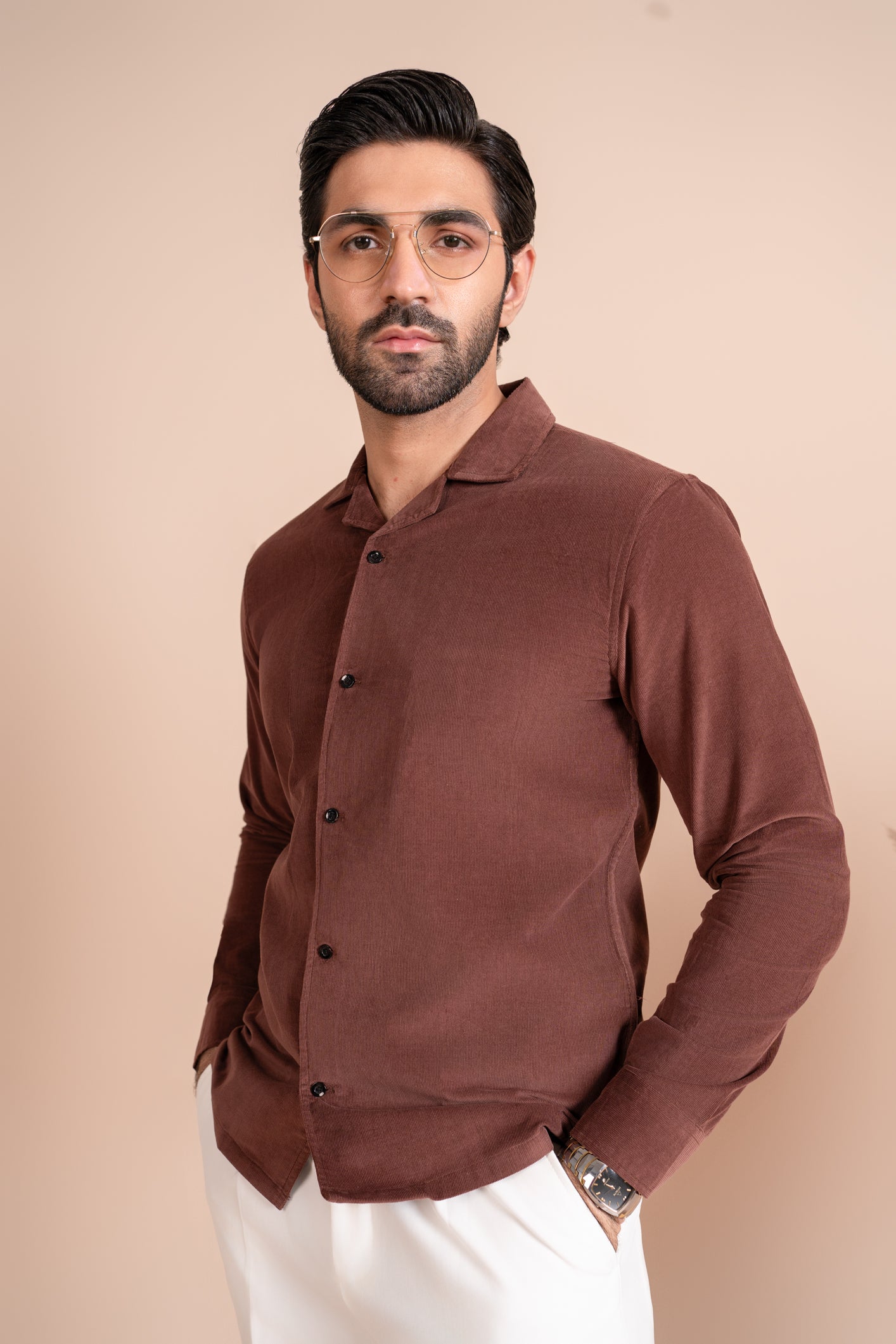 Brown Corduroy Revere Polo - Full Sleeves - Men