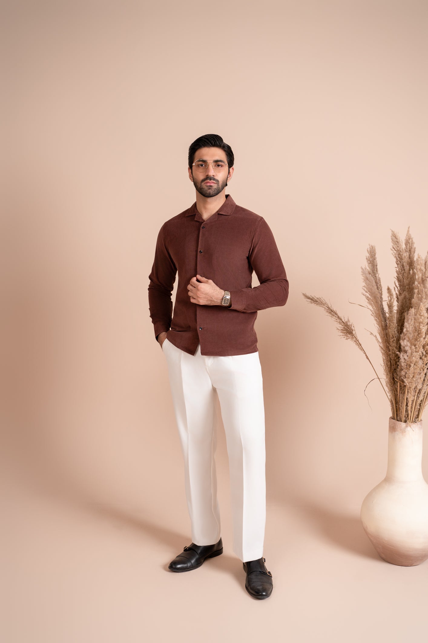 Brown Corduroy Revere Polo - Full Sleeves - Men