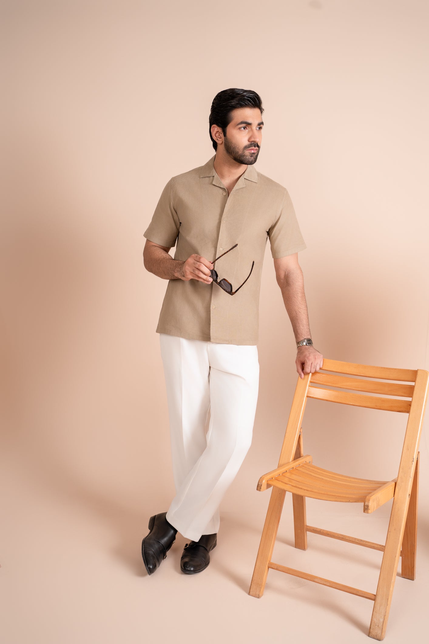 Beige Corduroy Revere Polo - Half Sleeves - Men