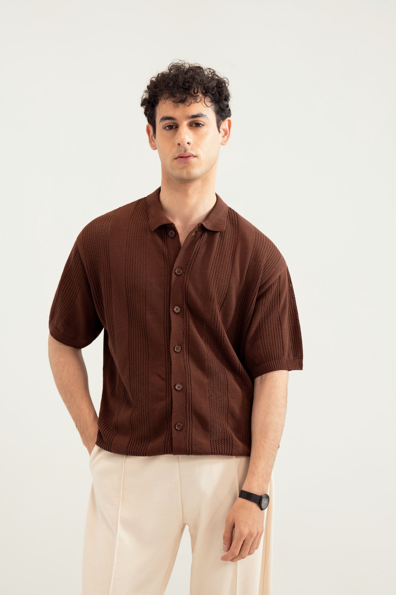 Dark Brown Crocheted Stripes Knitted Button Down - Men - Men