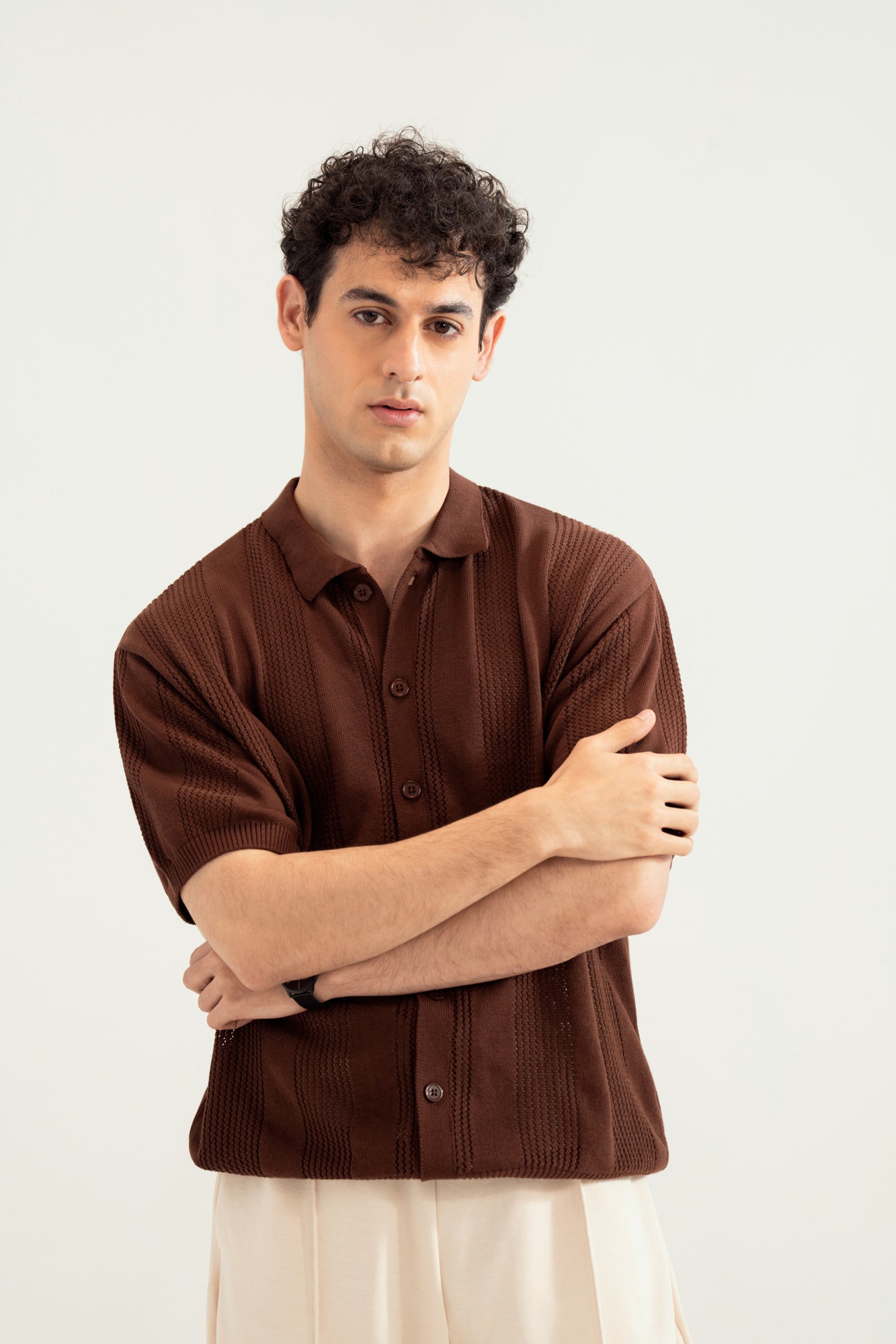 Dark Brown Crocheted Stripes Knitted Button Down - Men - Men