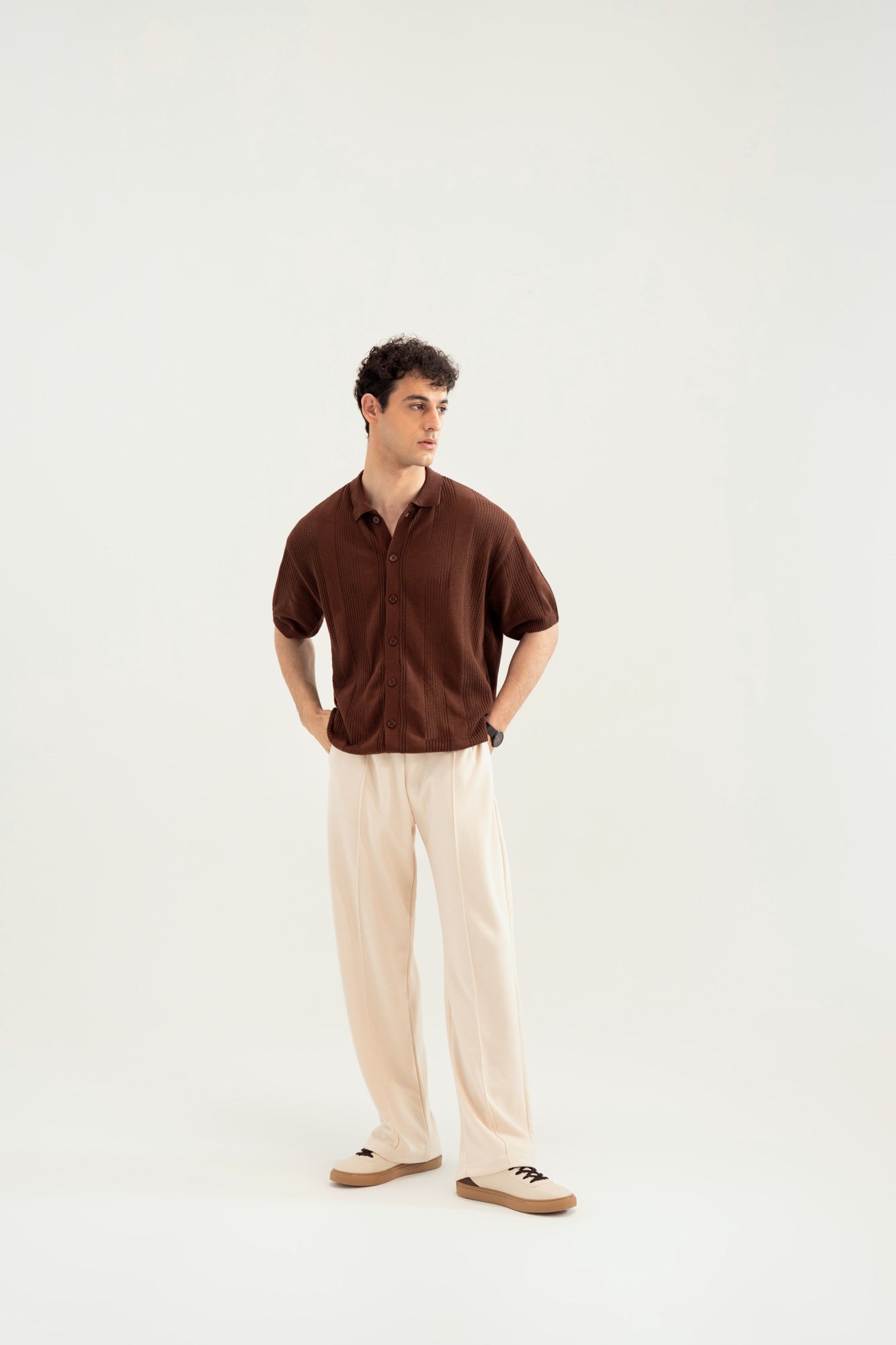 Dark Brown Crocheted Stripes Knitted Button Down - Men - Men