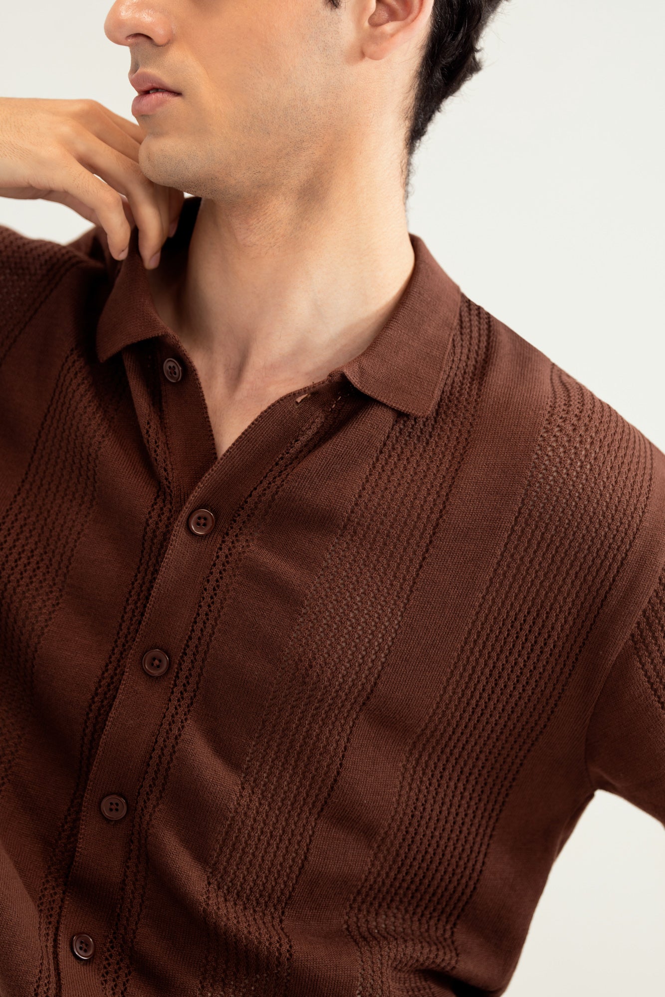 Dark Brown Crocheted Stripes Knitted Button Down - Men - Men