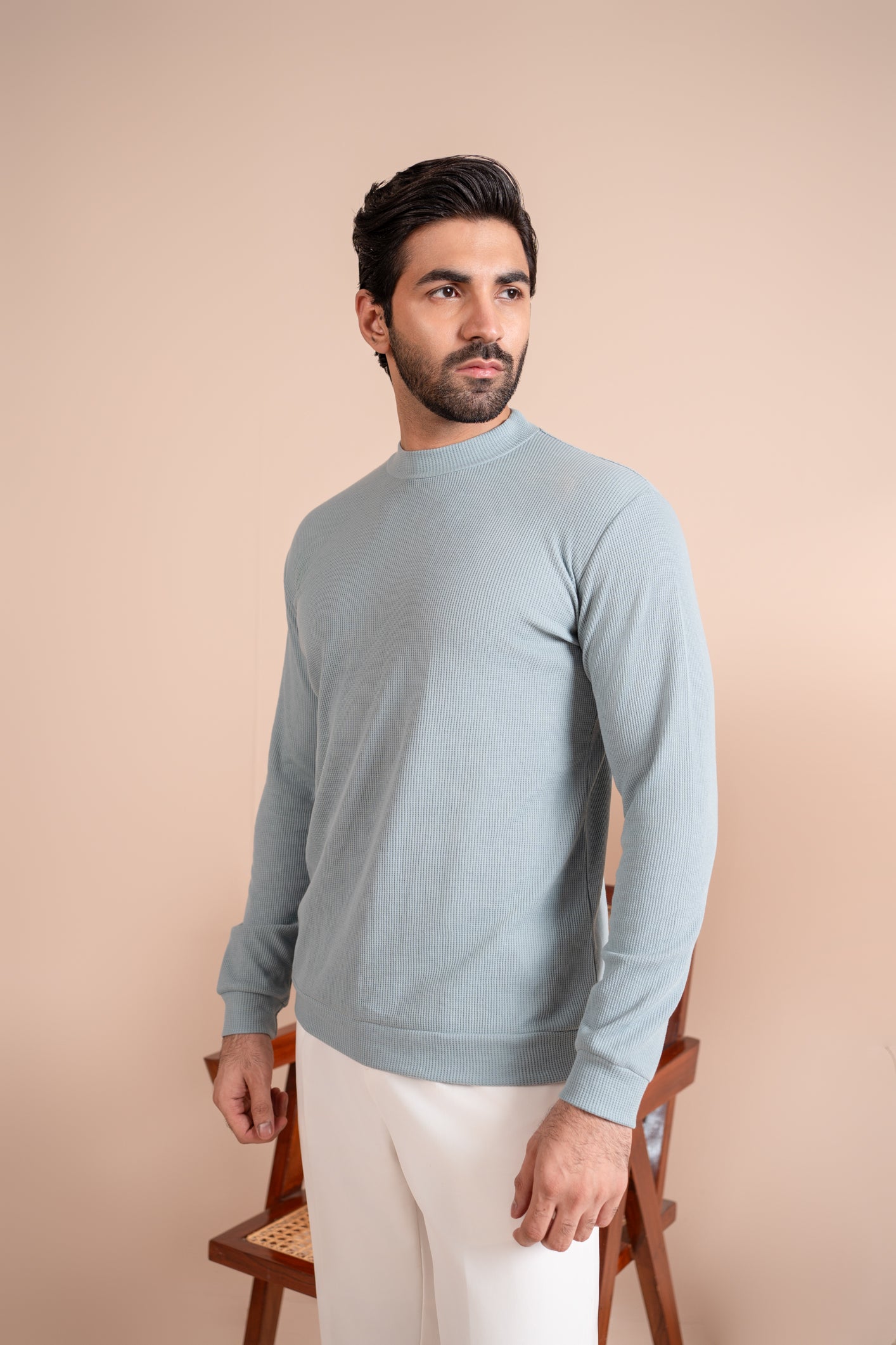 Waffle Sapphire Blue Mock Neck - Men