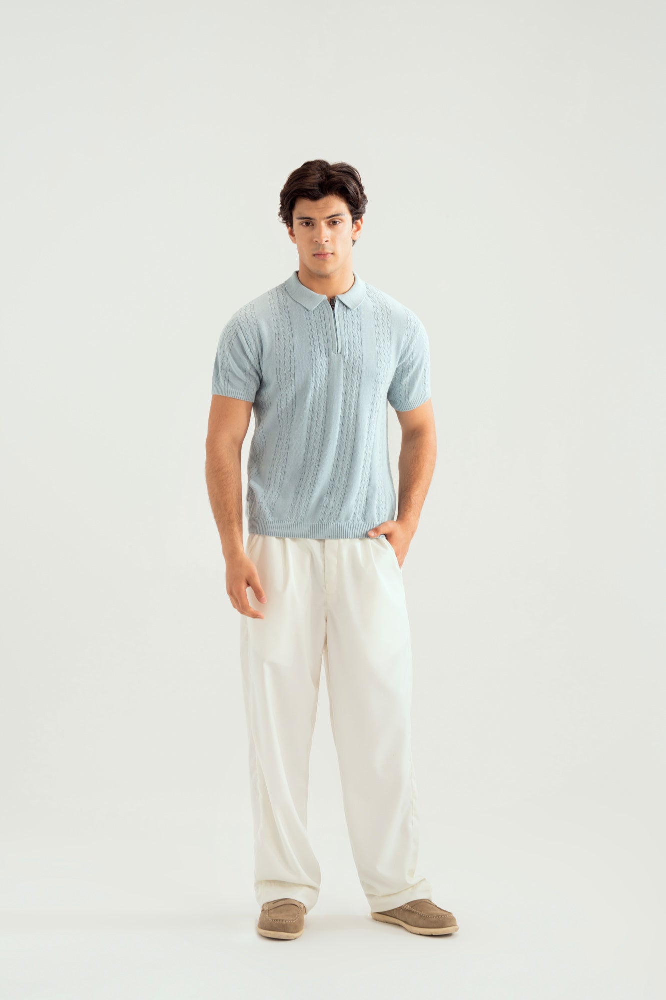 Sky Blue Crocheted Knitted Polo - Men - Men