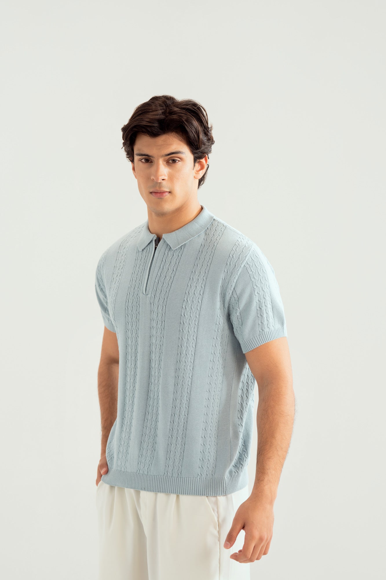 Sky Blue Crocheted Knitted Polo - Men - Men