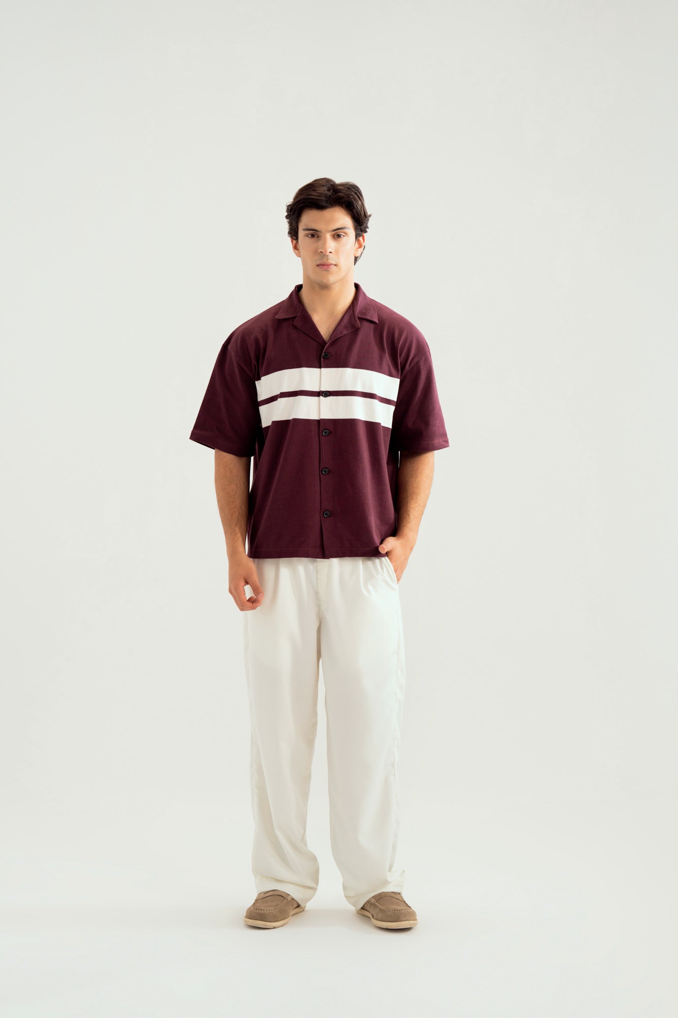White and Maroon Boxy Revere Button Down - Men - Men