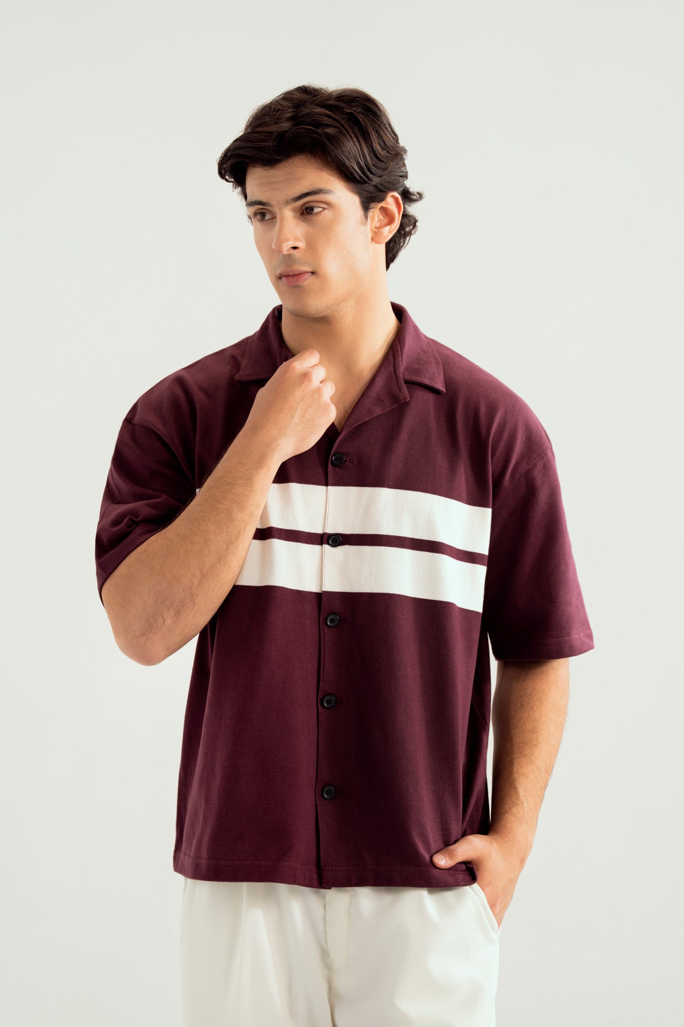 White and Maroon Boxy Revere Button Down - Men - Men