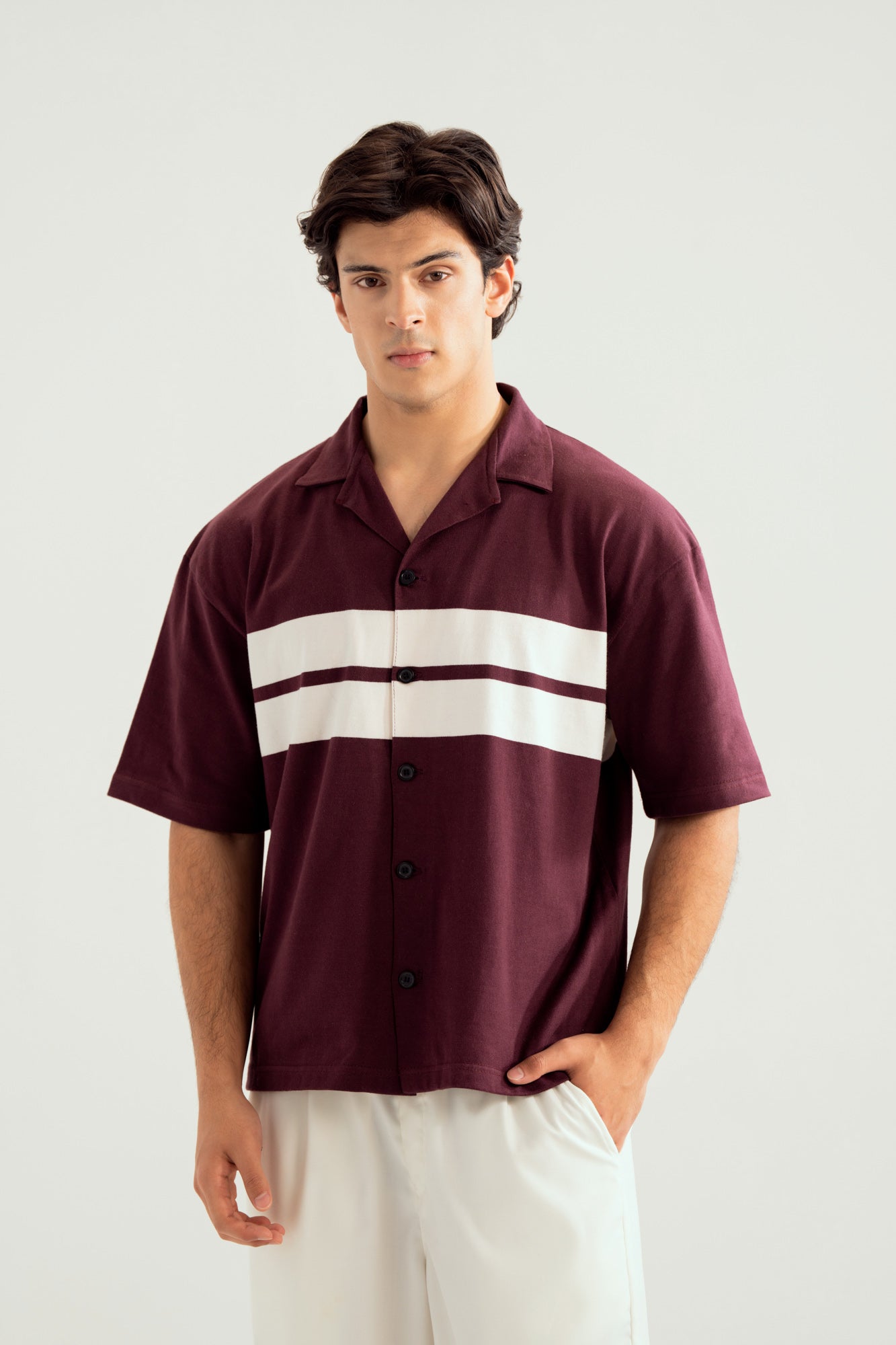 White and Maroon Boxy Revere Button Down - Men - Men