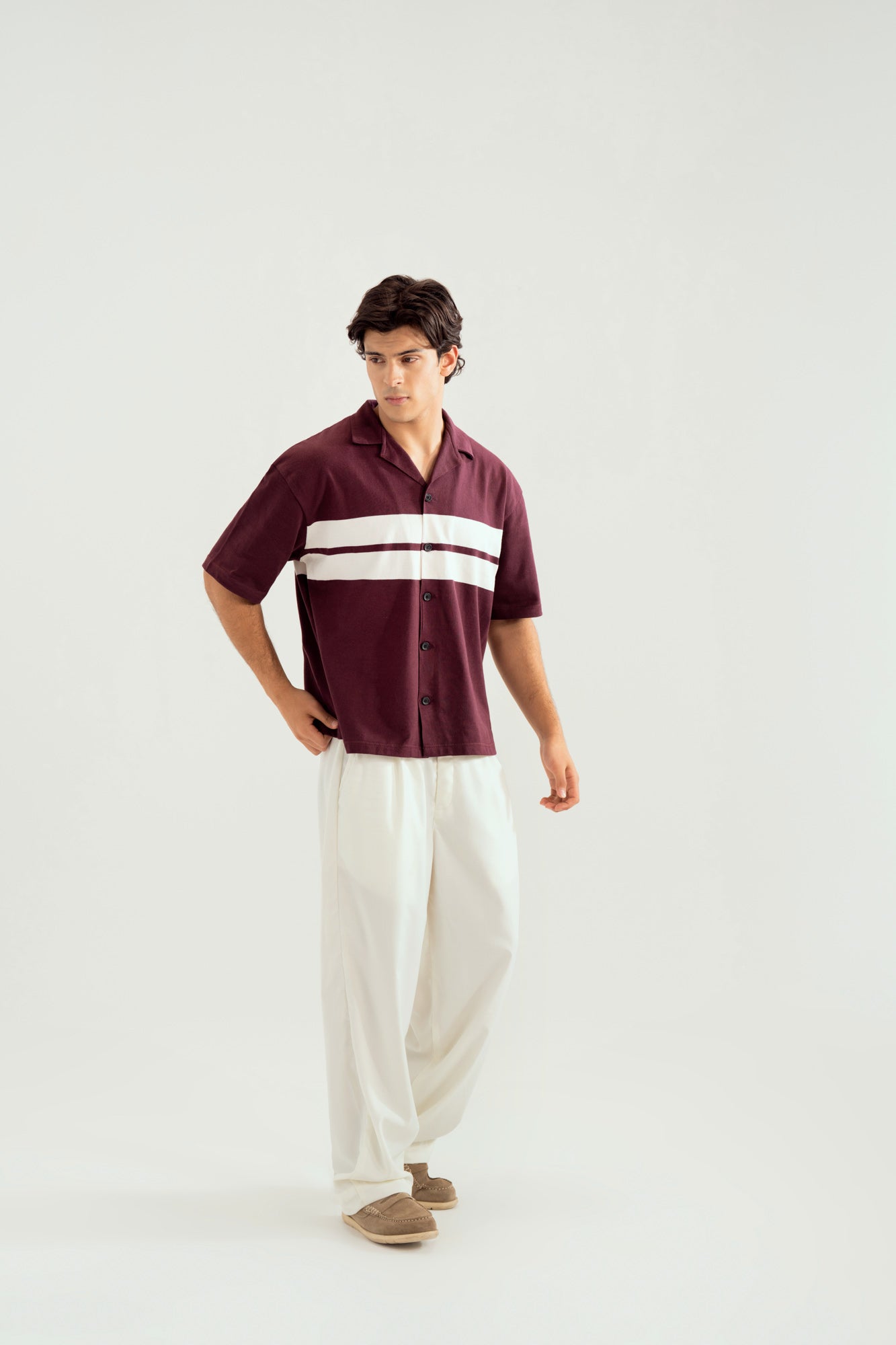 White and Maroon Boxy Revere Button Down - Men - Men