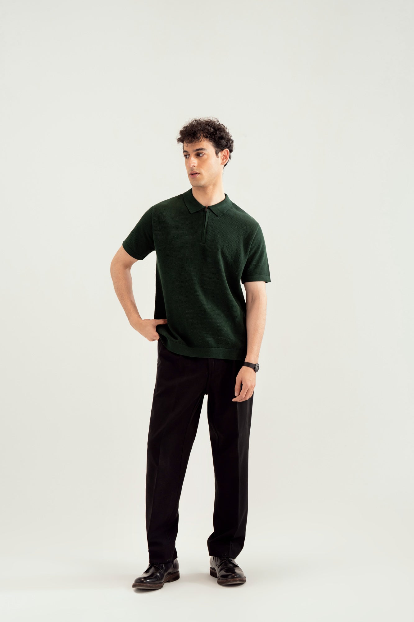 Dark Green Zipper Links Knitted Polo - Men - Men