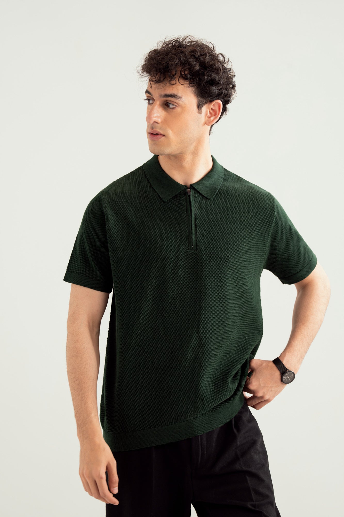 Dark Green Zipper Links Knitted Polo - Men - Men