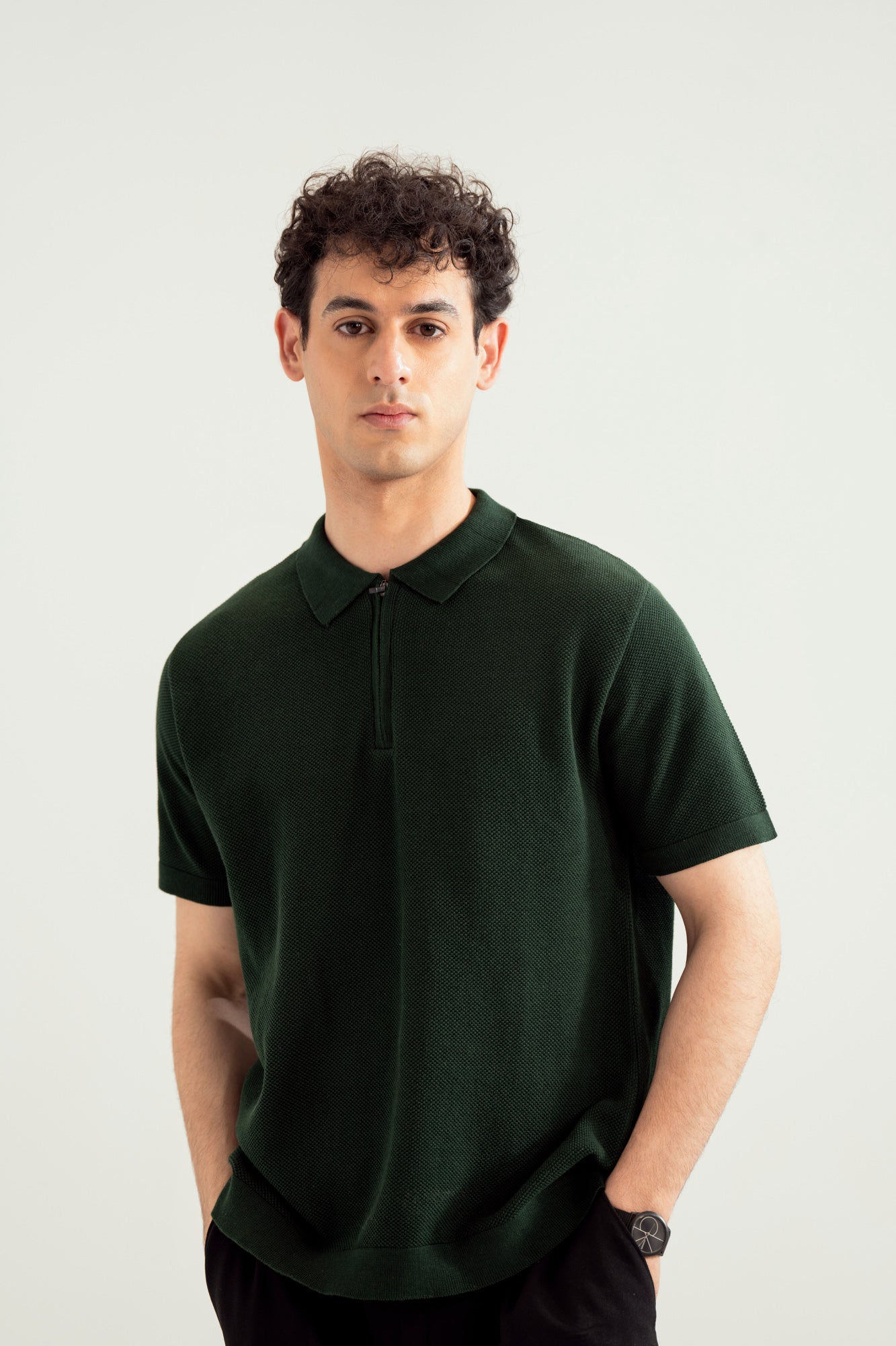 Dark Green Zipper Links Knitted Polo - Men - Men