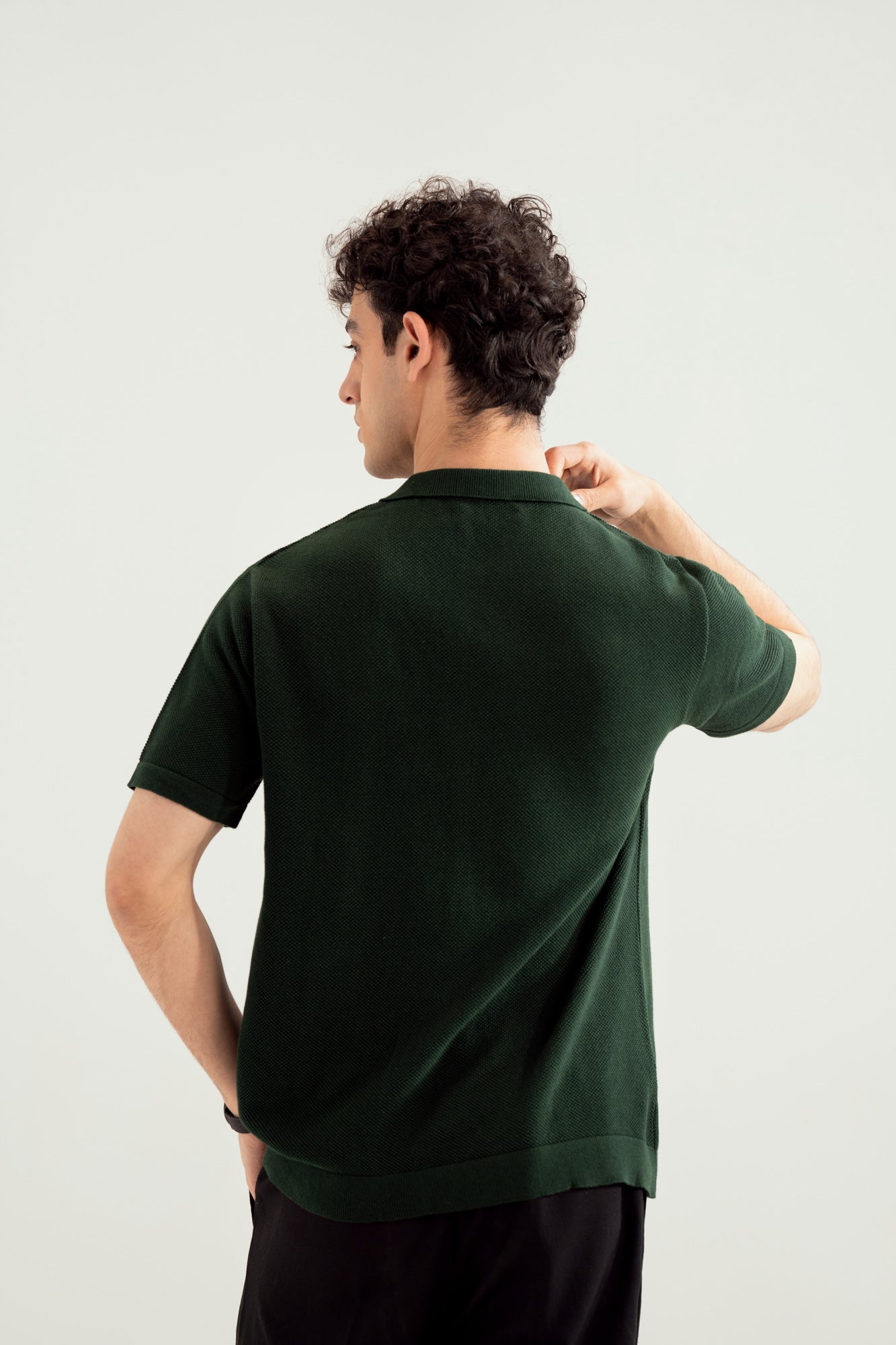 Dark Green Zipper Links Knitted Polo - Men - Men