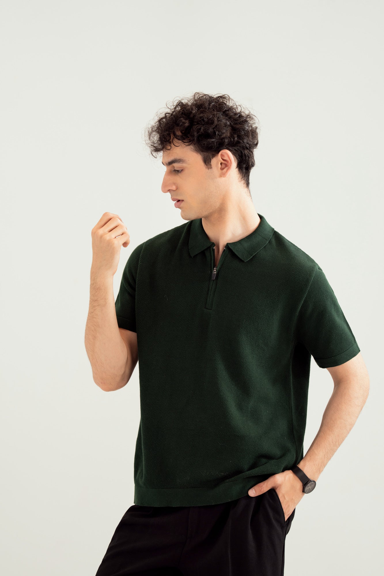 Dark Green Zipper Links Knitted Polo - Men - Men