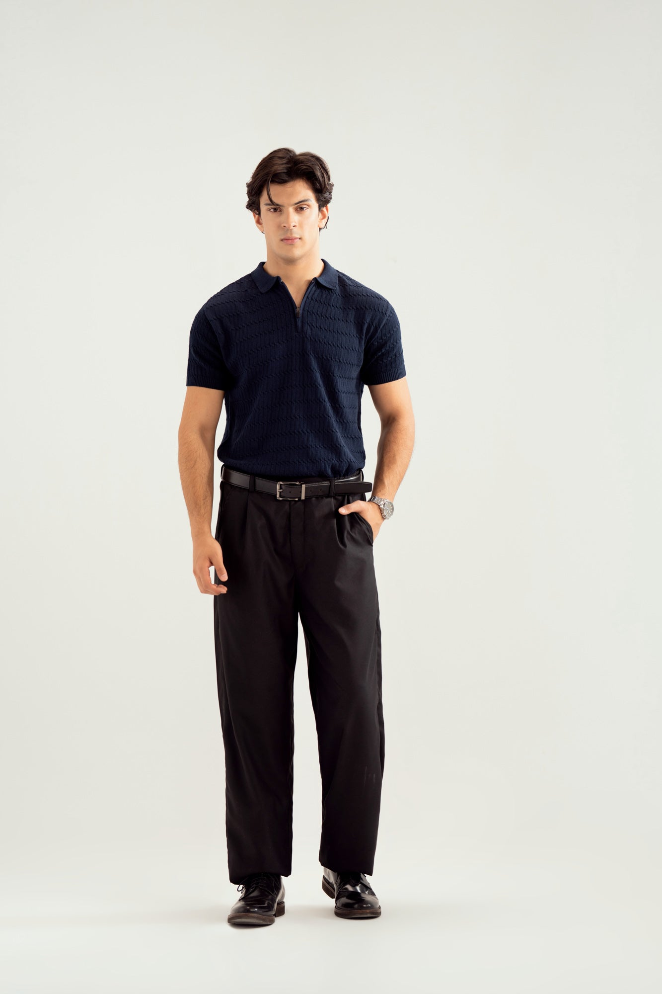 Navy Blue Zipper Cabled Knit Polo - Men - Men