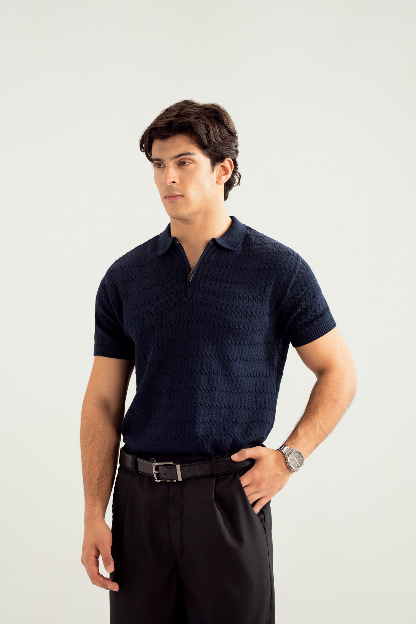 Navy Blue Zipper Cabled Knit Polo - Men - Men
