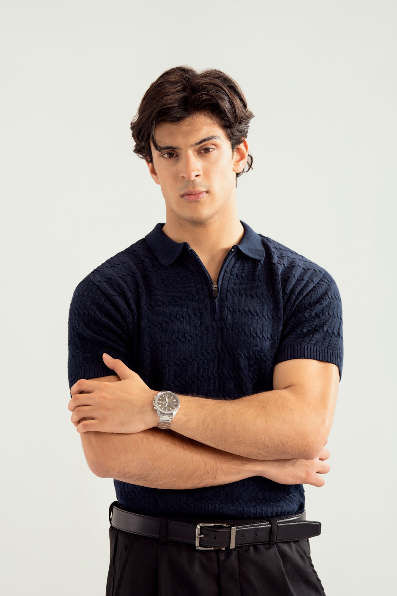 Navy Blue Zipper Cabled Knit Polo - Men - Men