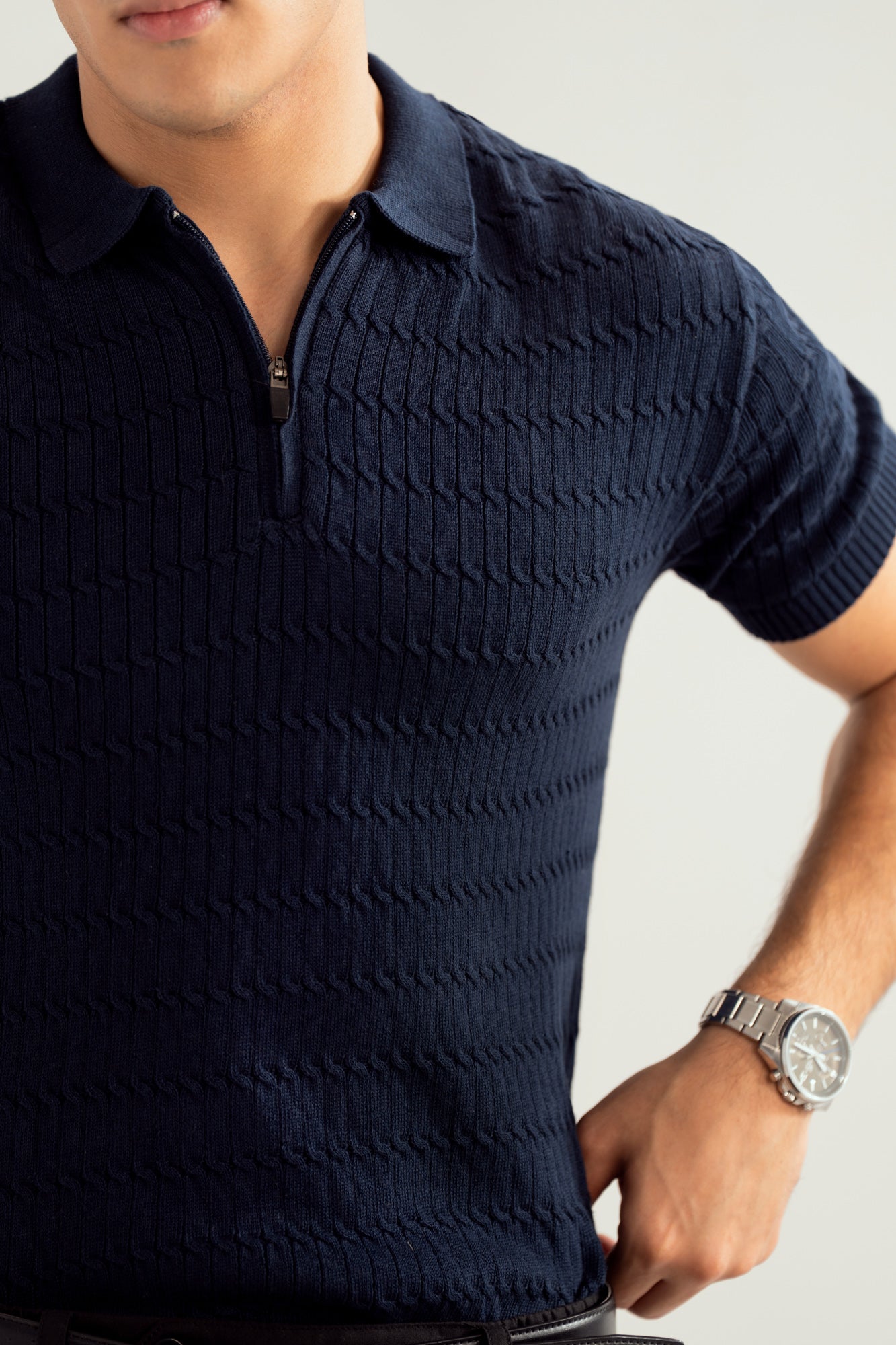 Navy Blue Zipper Cabled Knit Polo - Men - Men