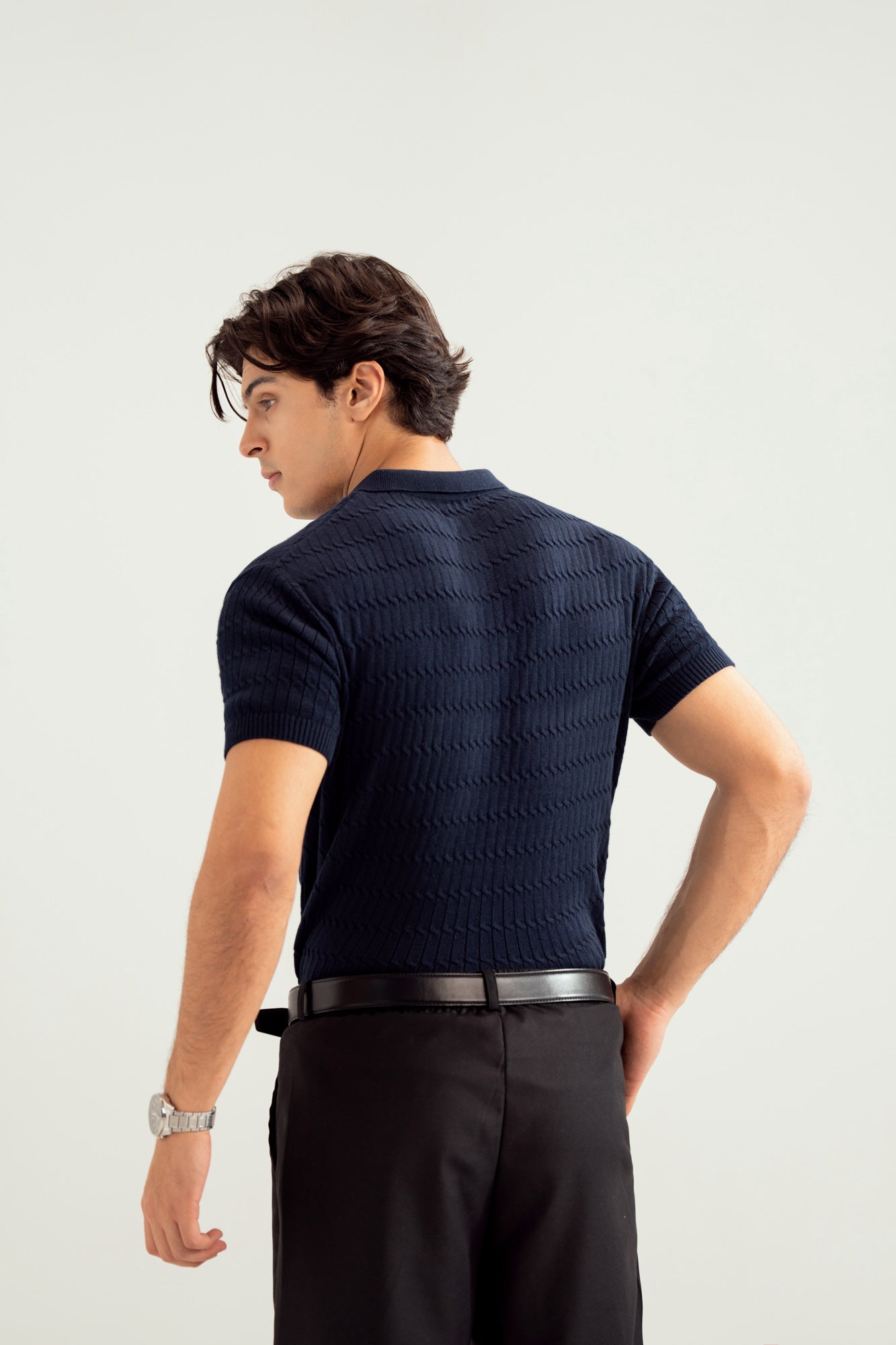 Navy Blue Zipper Cabled Knit Polo - Men - Men