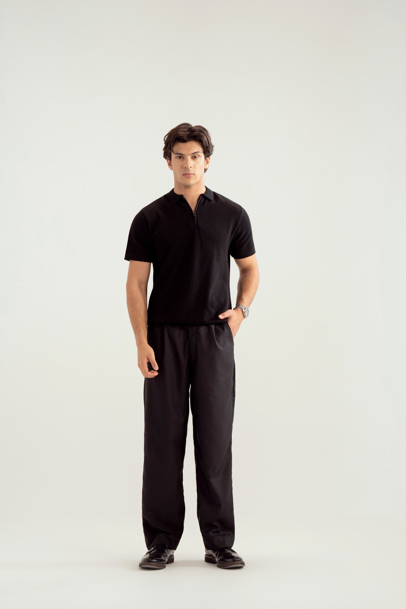 Black Zipper Links Knitted Polo - Men - Men