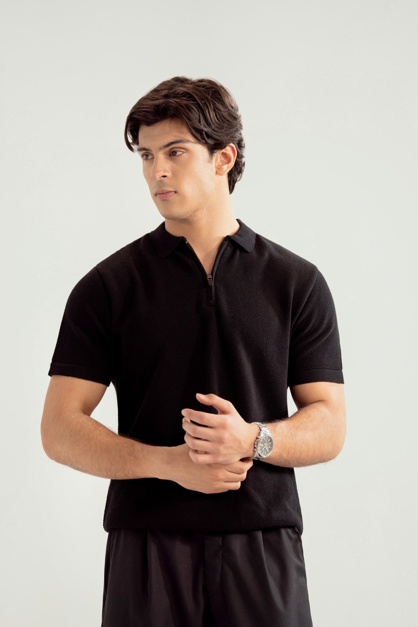 Black Zipper Links Knitted Polo - Men - Men