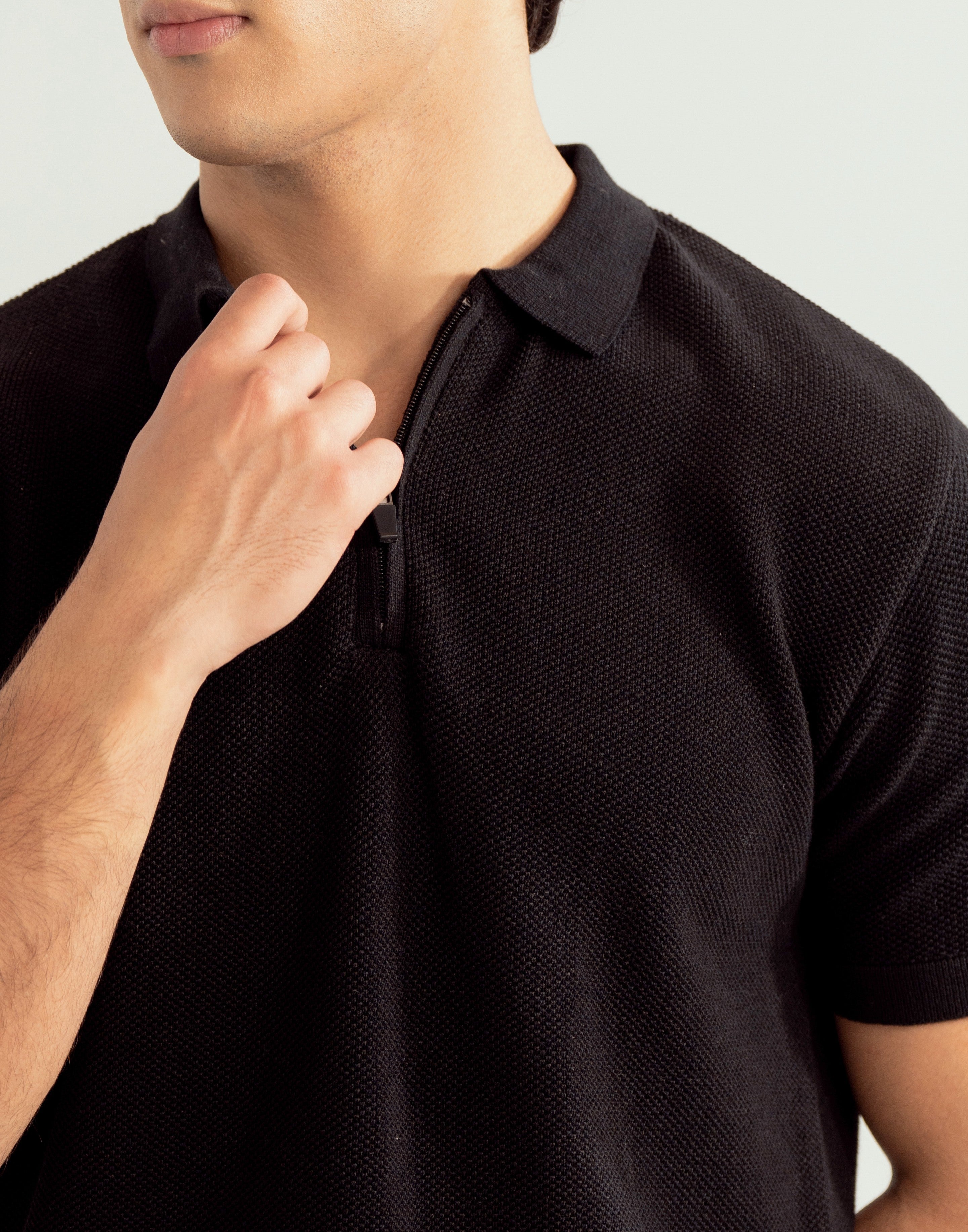 Black Zipper Links Knitted Polo - Men - Men