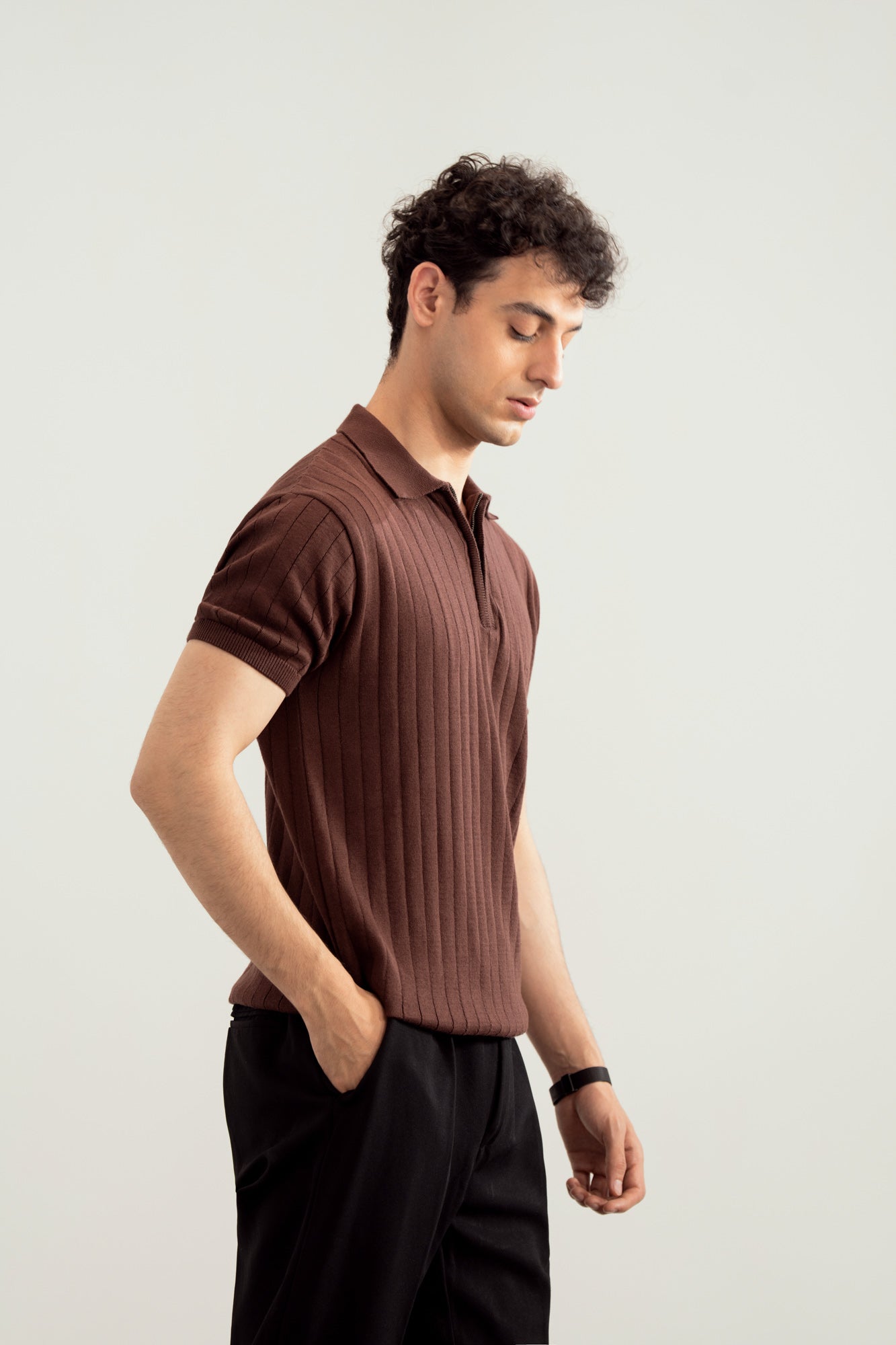 Dark Brown Drop Needle Zipper Knitted Polo - Men - Men