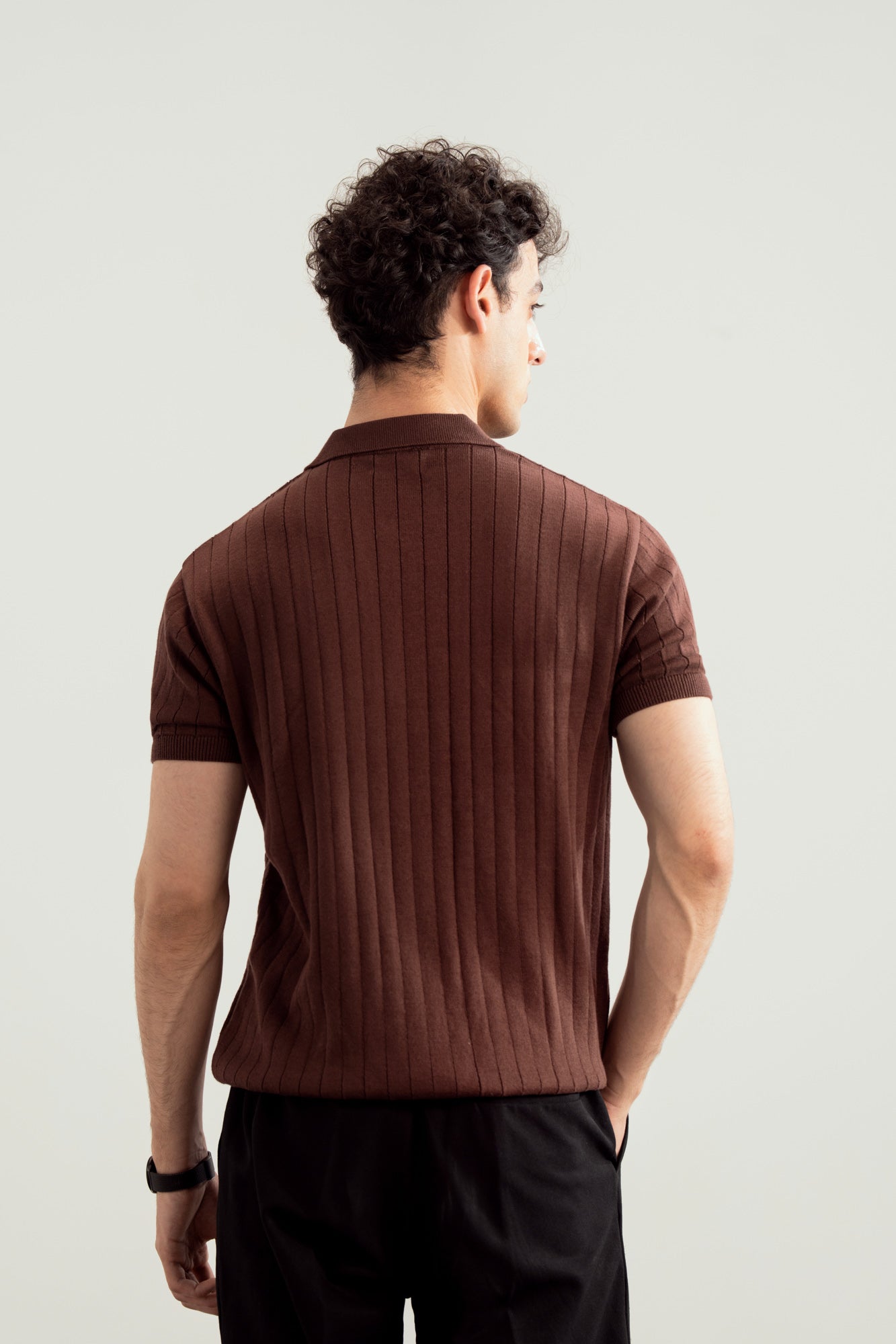 Dark Brown Drop Needle Zipper Knitted Polo - Men - Men
