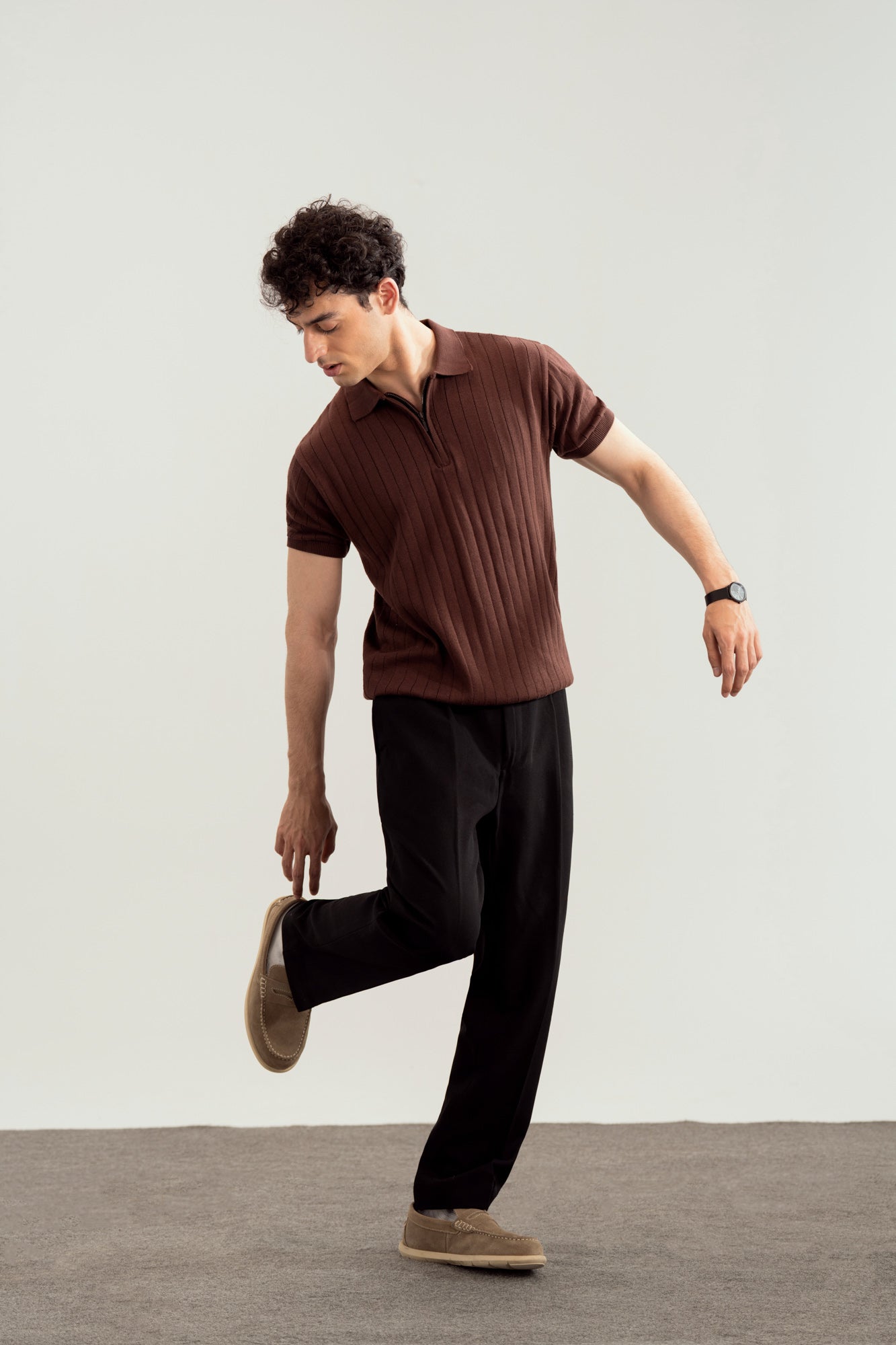 Dark Brown Drop Needle Zipper Knitted Polo - Men - Men