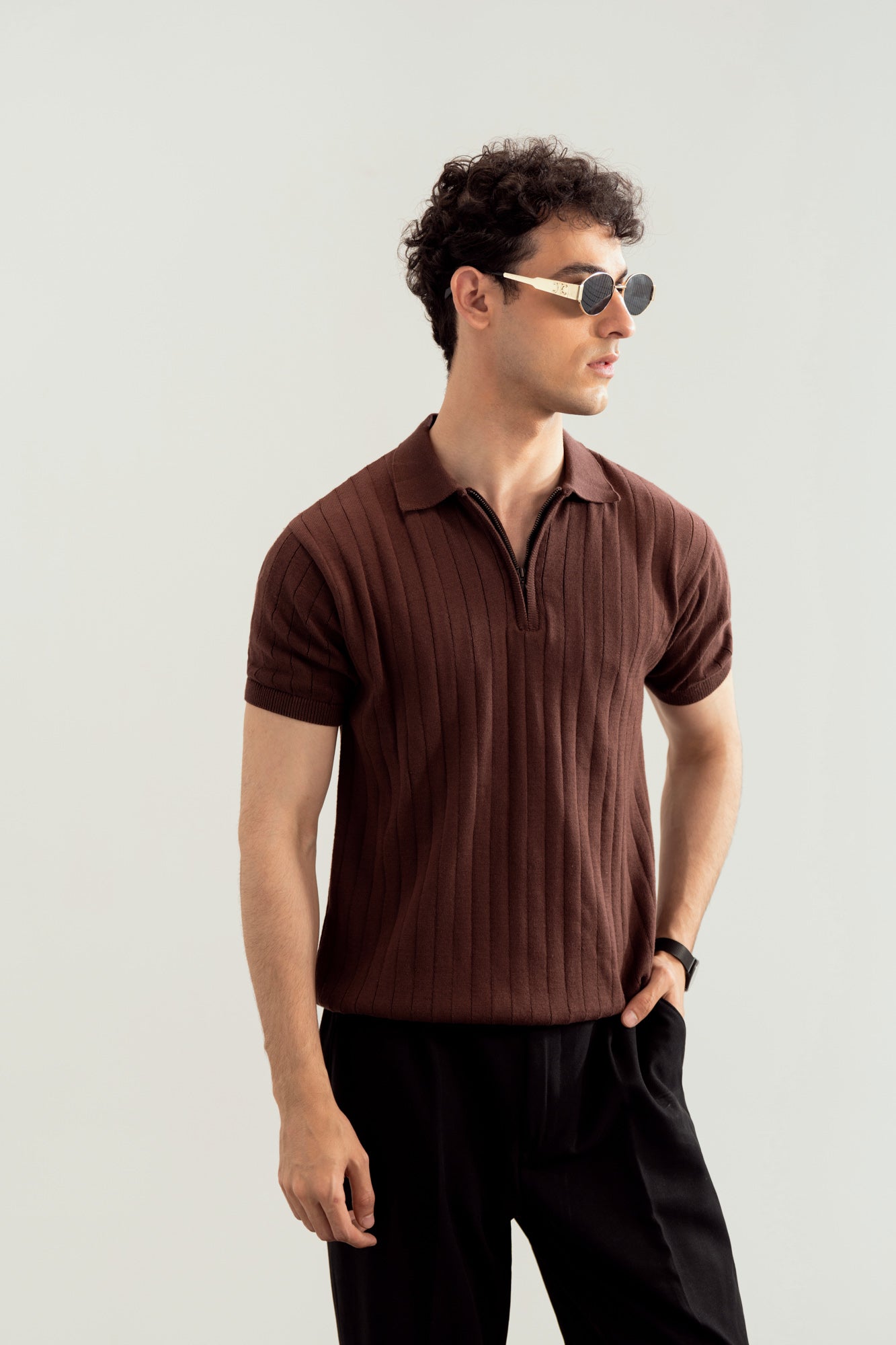Dark Brown Drop Needle Zipper Knitted Polo - Men - Men