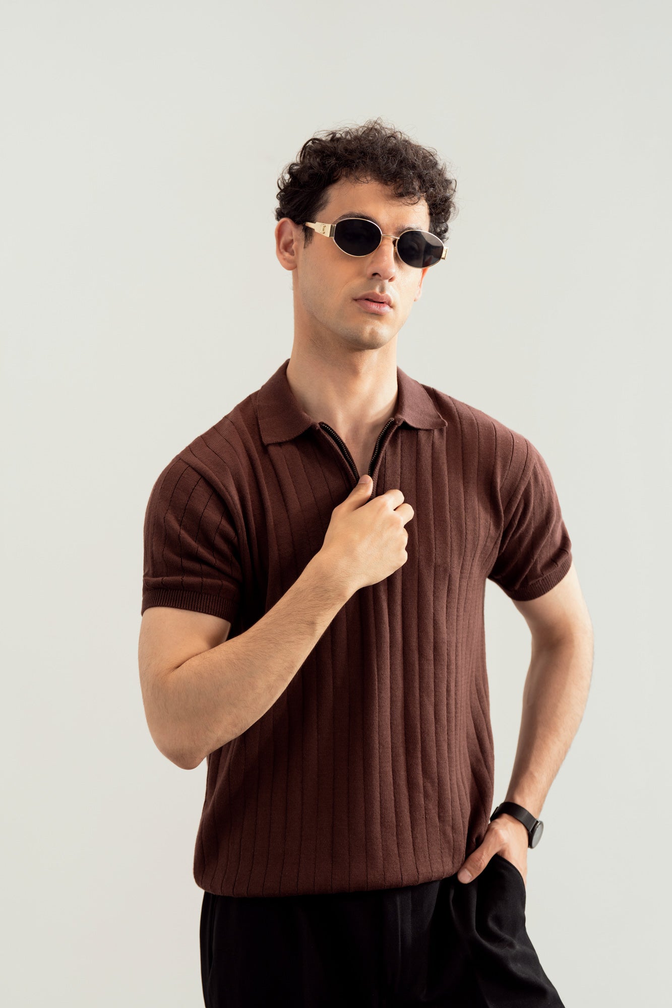 Dark Brown Drop Needle Zipper Knitted Polo - Men - Men