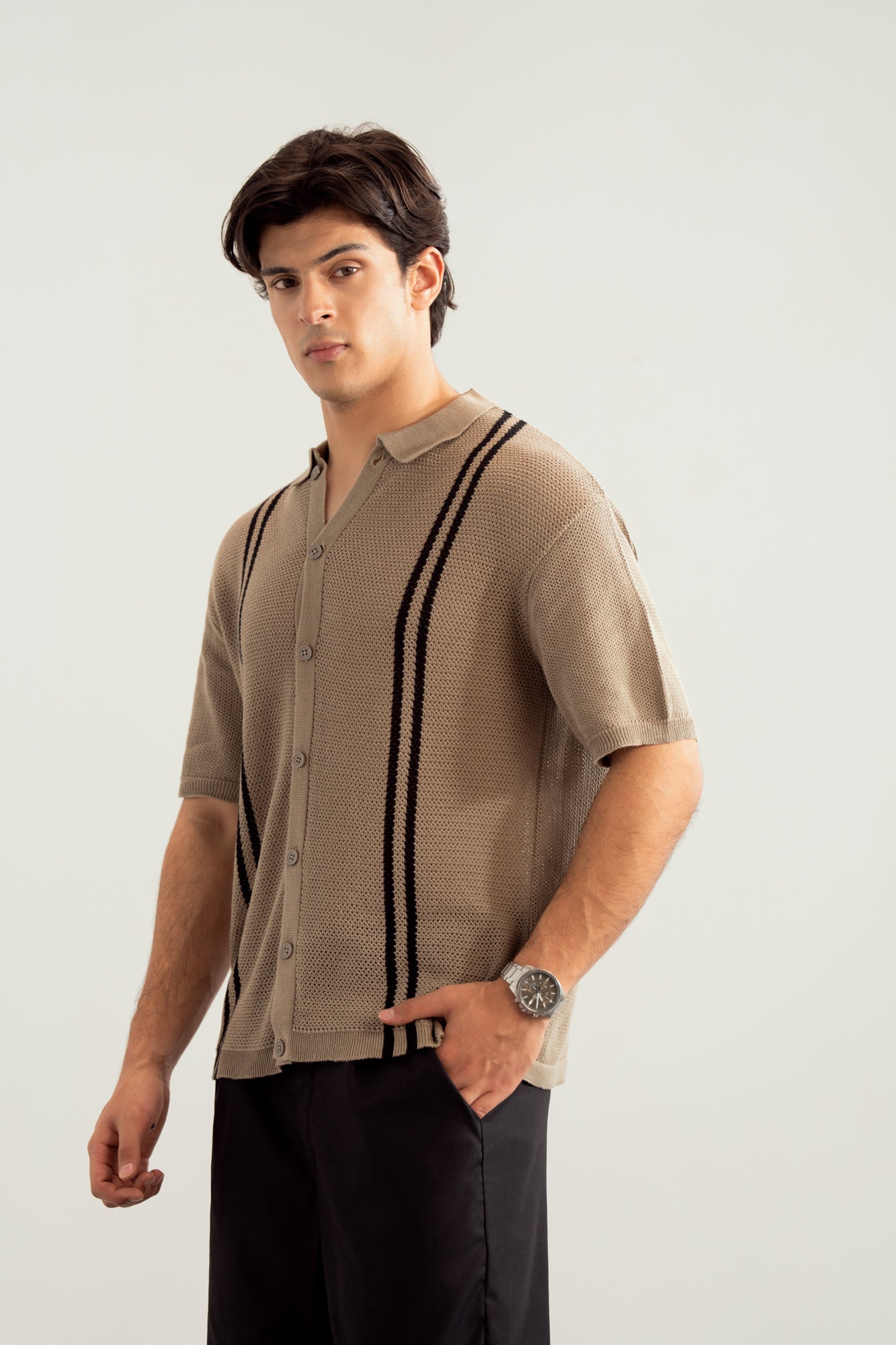 Pishtachu Crocheted Stripes Knitted Button Down - Men - Men