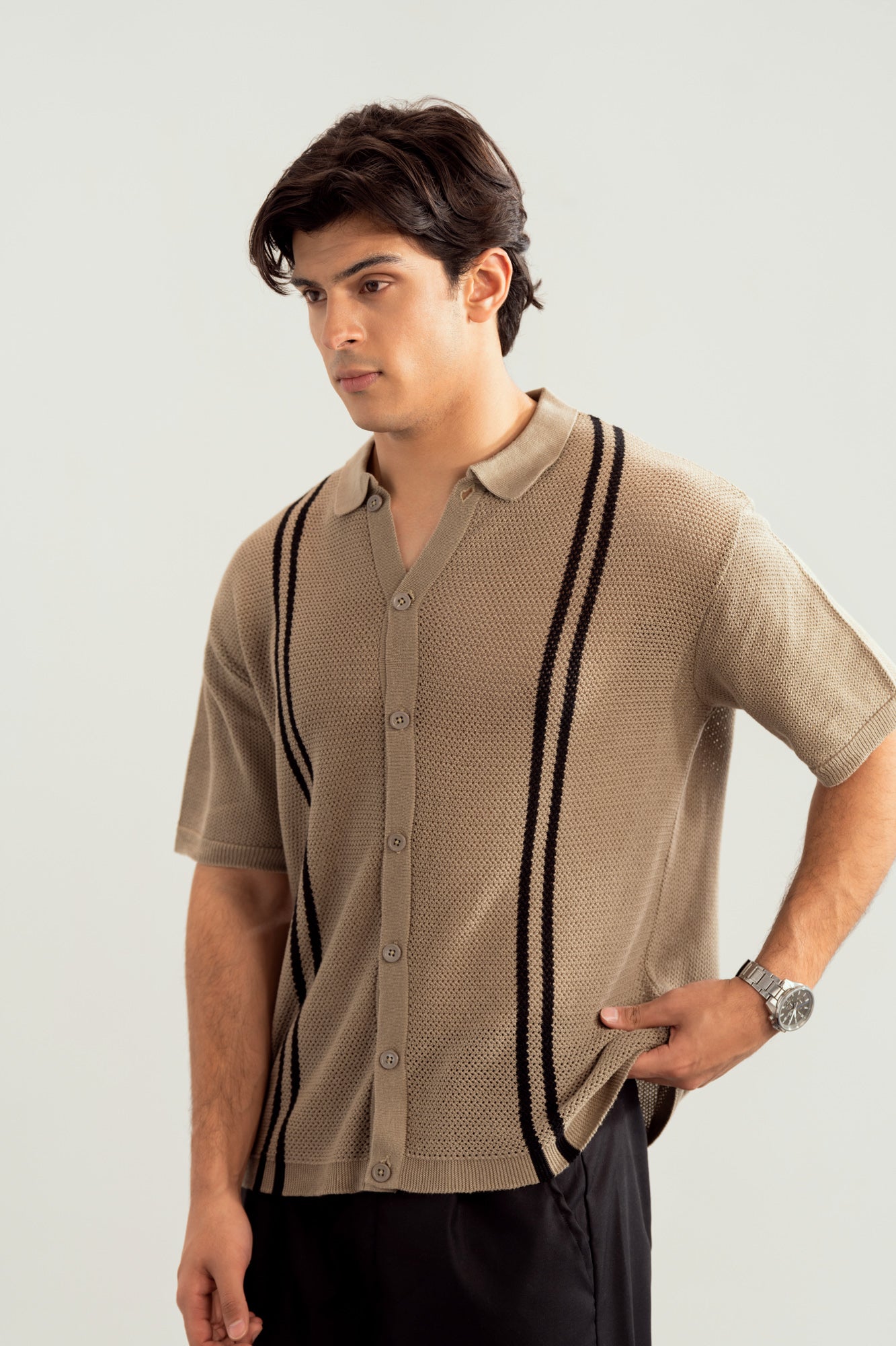 Pishtachu Crocheted Stripes Knitted Button Down - Men - Men