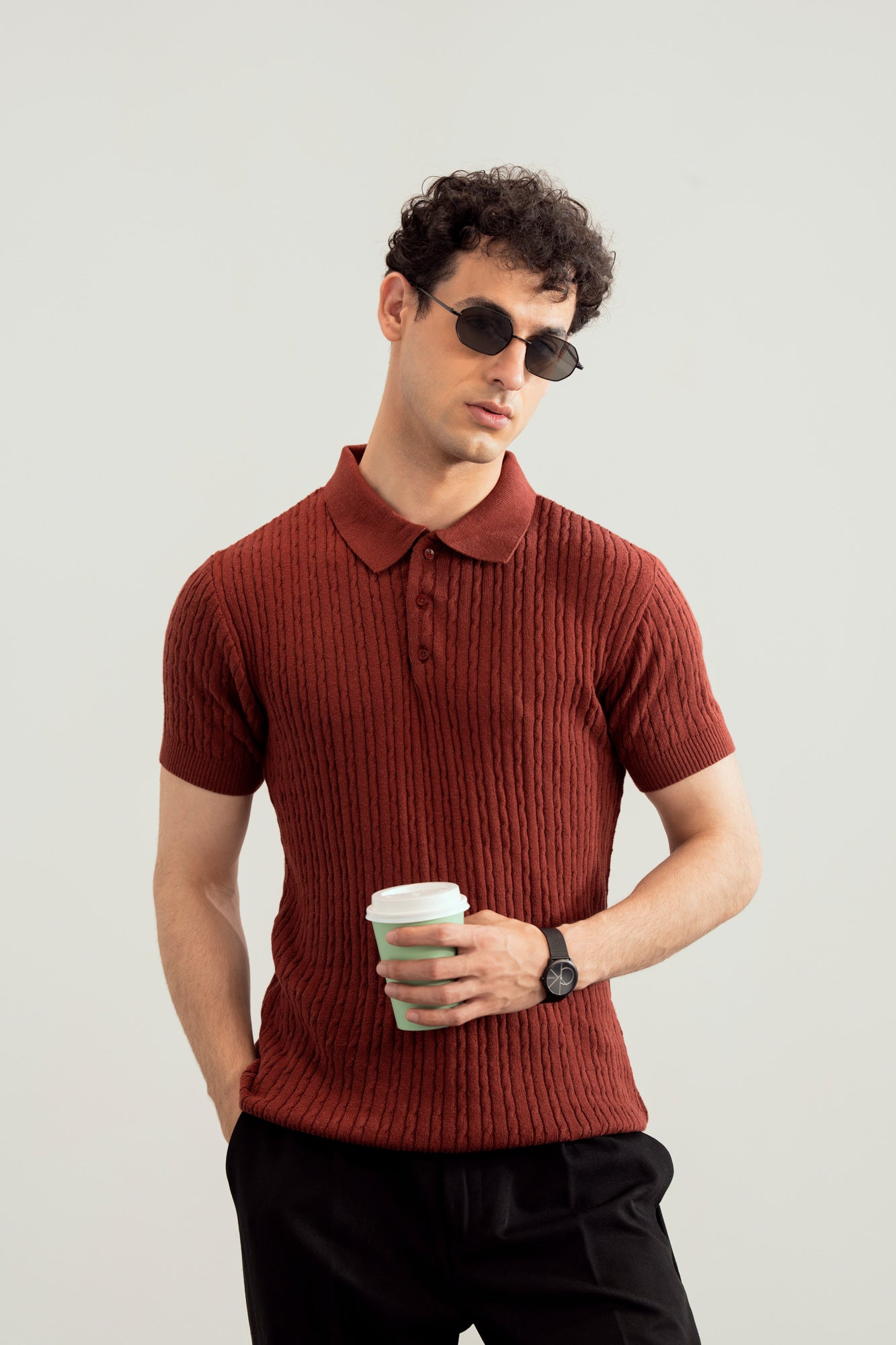 Dark Cherry Cable Knit Polo - Men - Men